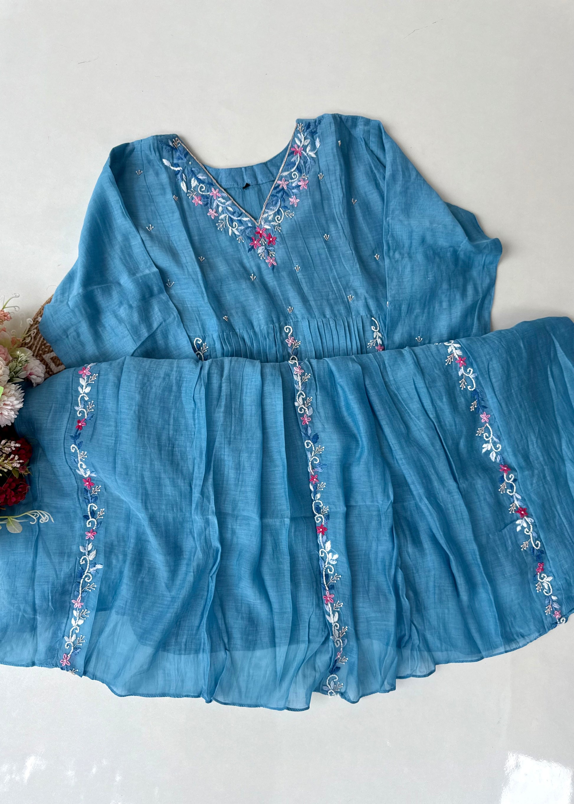 “RUH” Sky Blue Mul Chanderi anarkali kurta set