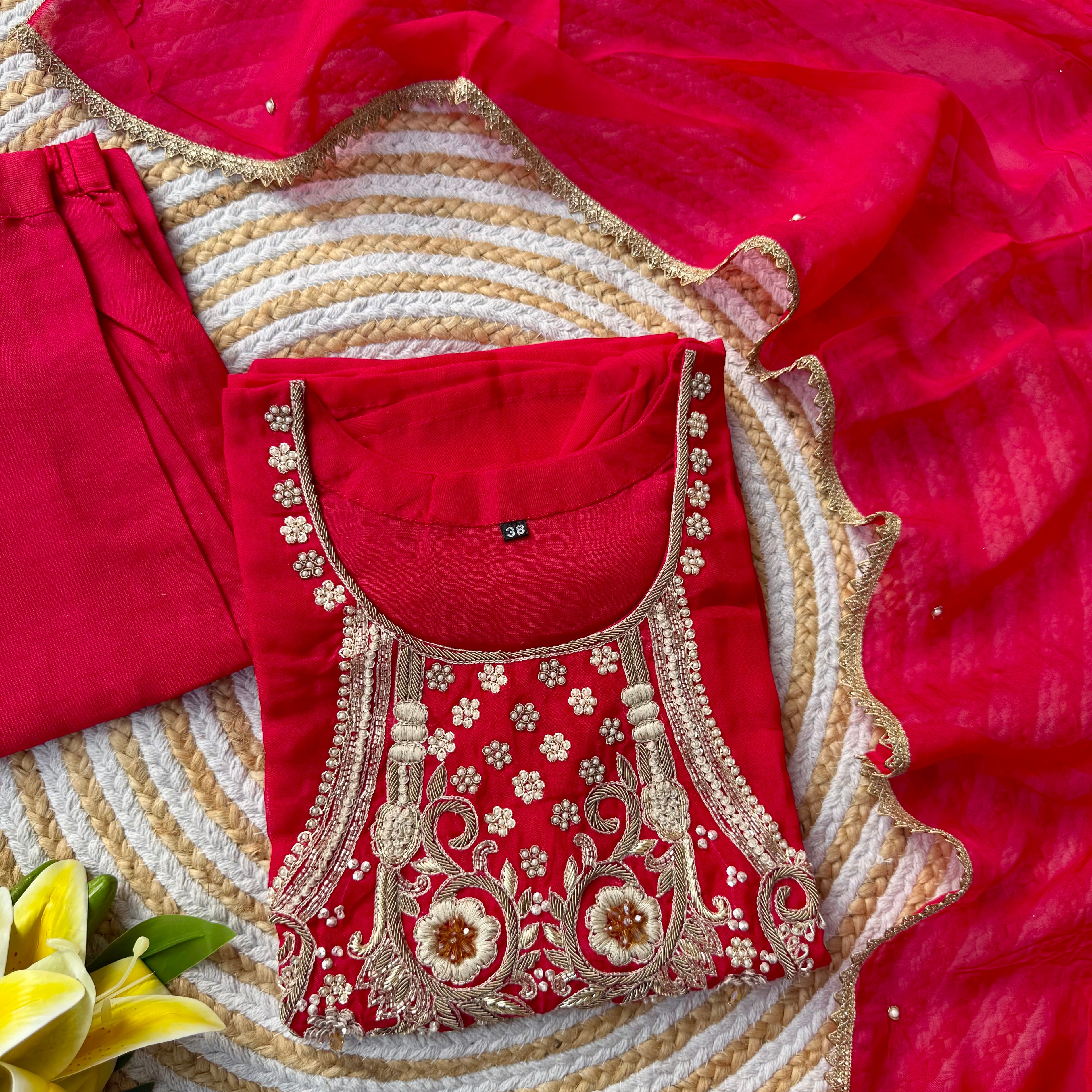 “Farah” party wear pink shade chinnon handwork set