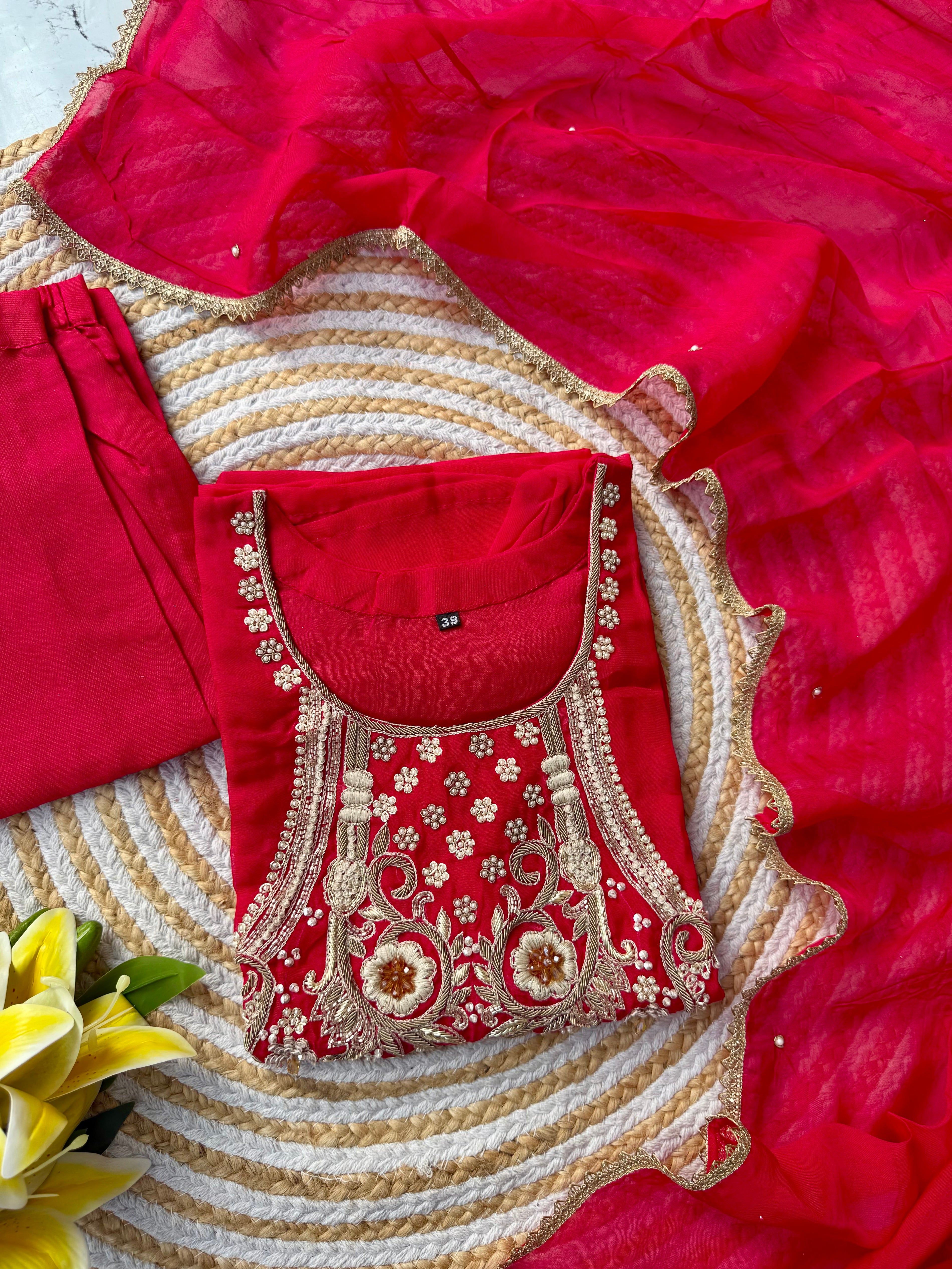 “Farah” party wear pink shade chinnon handwork set