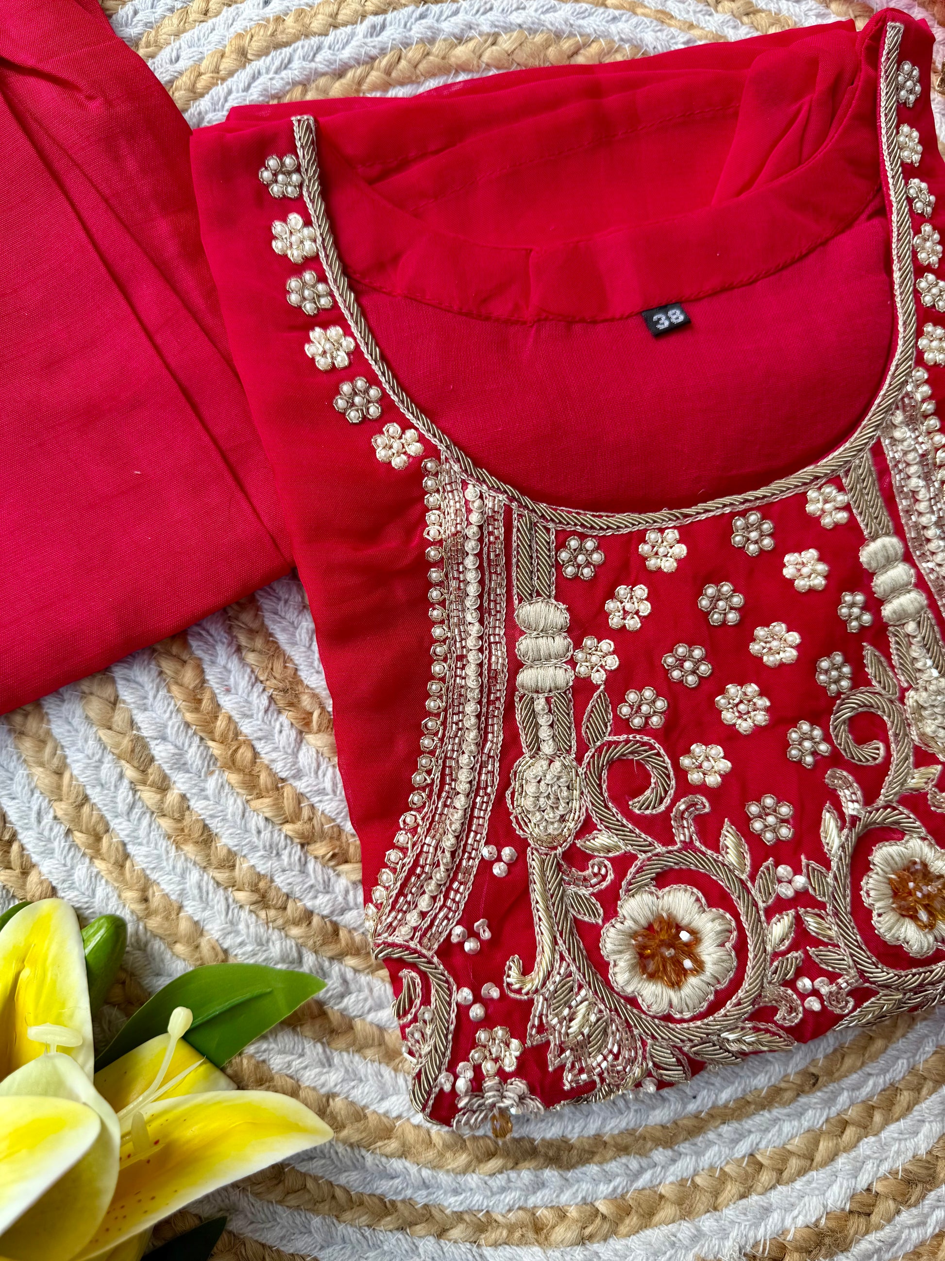 “Farah” party wear pink shade chinnon handwork set