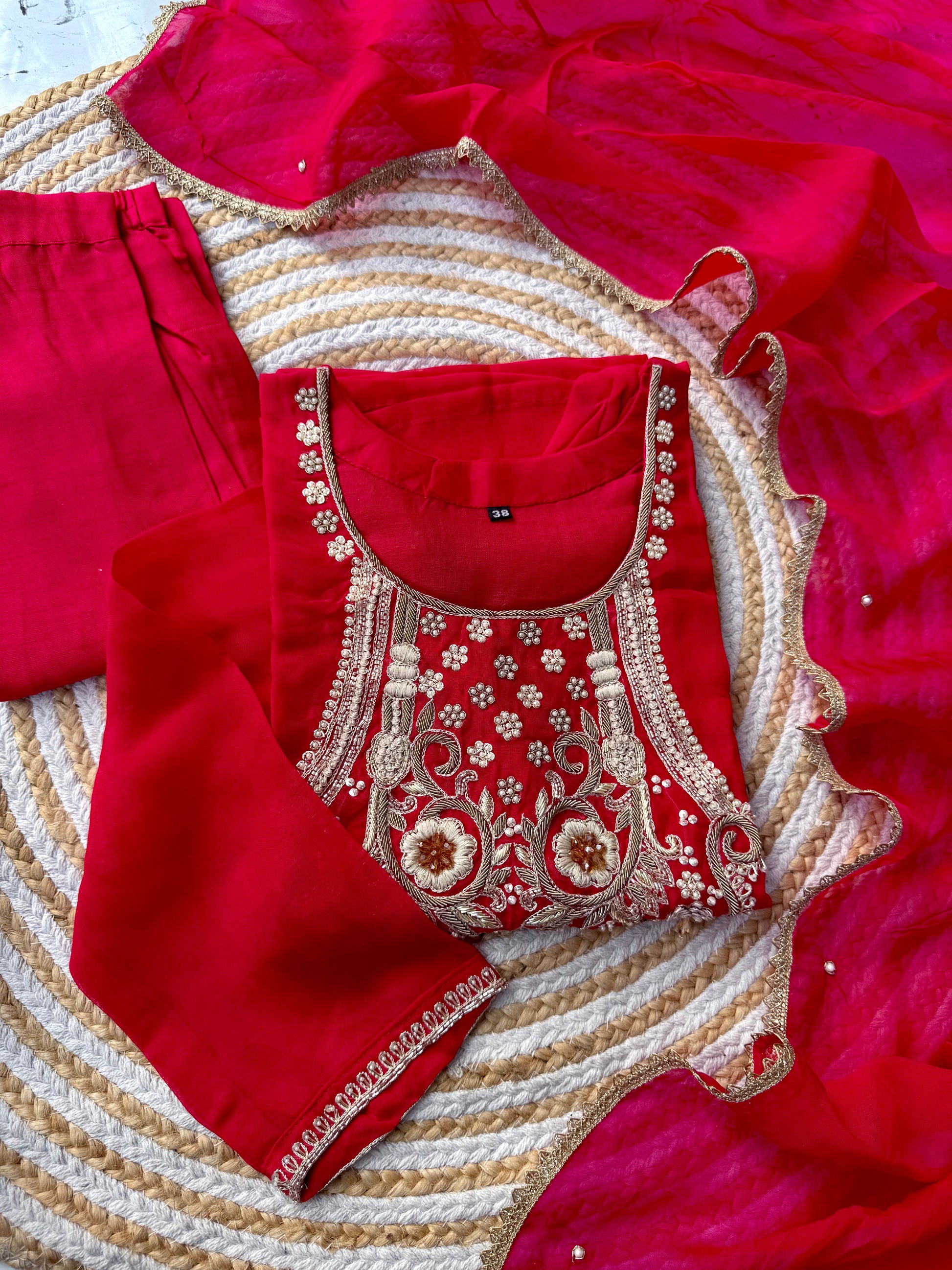 “Farah” party wear pink shade chinnon handwork set