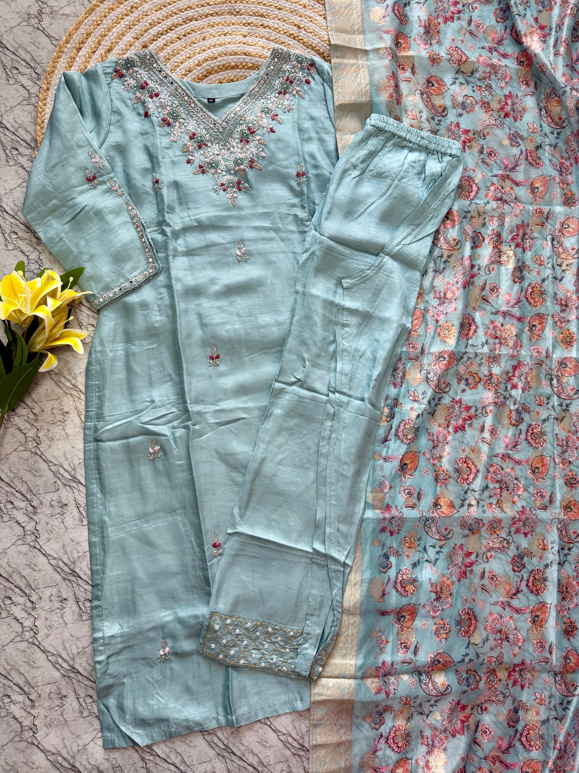 "Iqraar" Party wear Handcrafted dola silk set