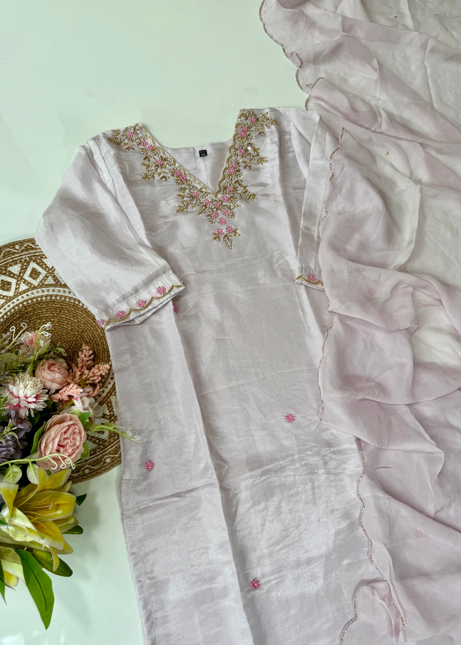 “Aylize” Graceful Pastel shade Tisse Silk Handwork Suit Set ✨