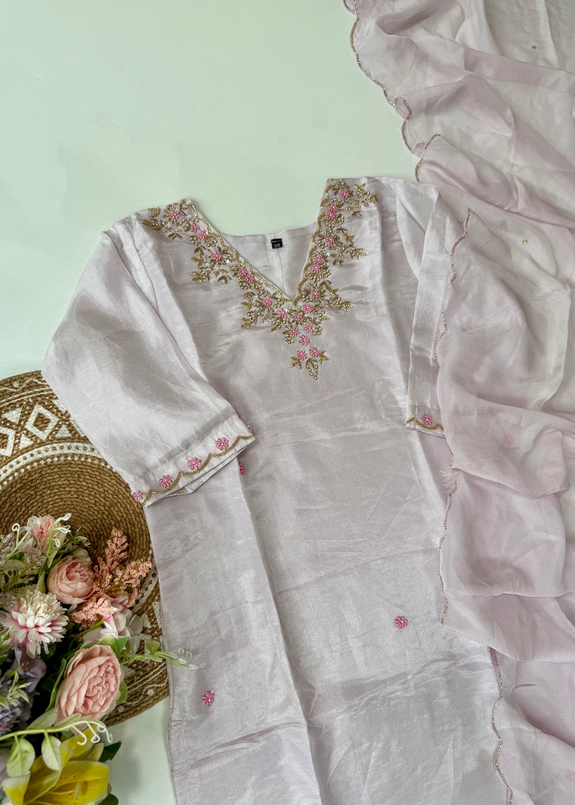 “Aylize” Graceful Pastel shade Tisse Silk Handwork Suit Set ✨