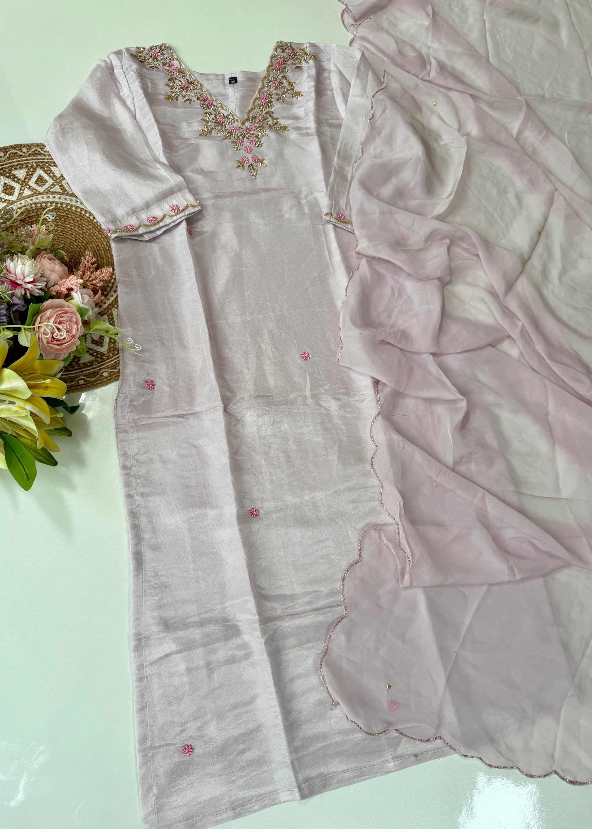 “Aylize” Graceful Pastel shade Tisse Silk Handwork Suit Set ✨