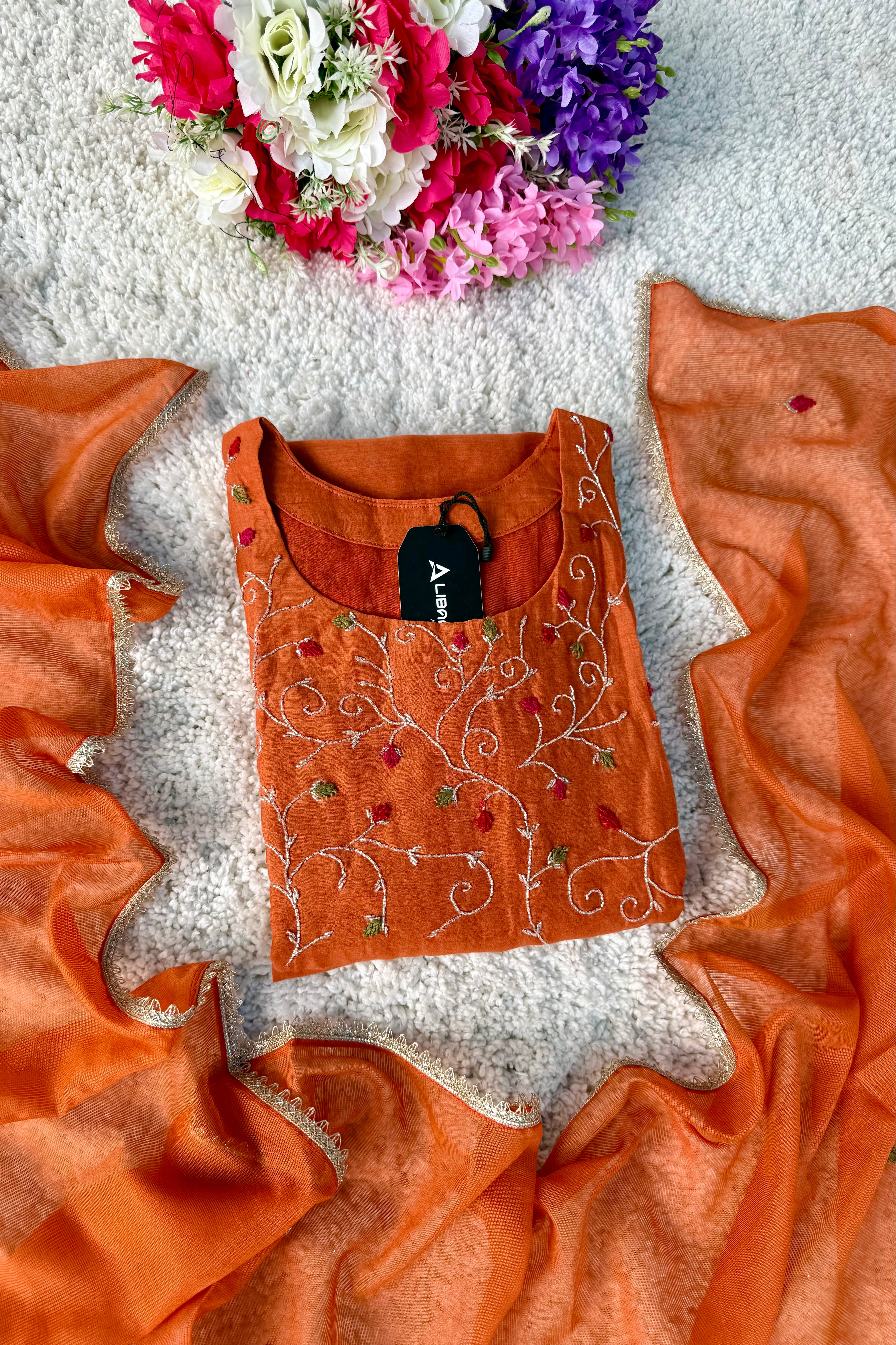 ✨AZ03 - Beautiful Rust Orange Mul Chanderi A Line Kurta set