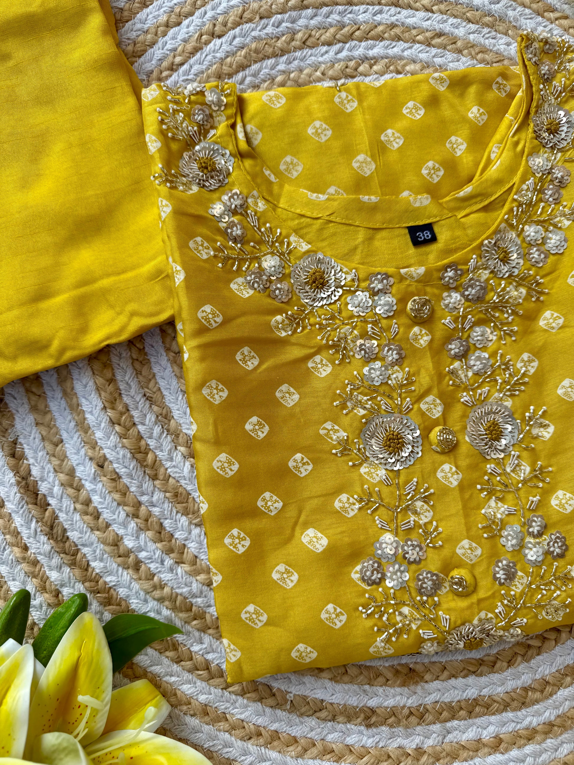 ‘’ BHANDEJ” Beautiful yellow shade bhandej dola silk set