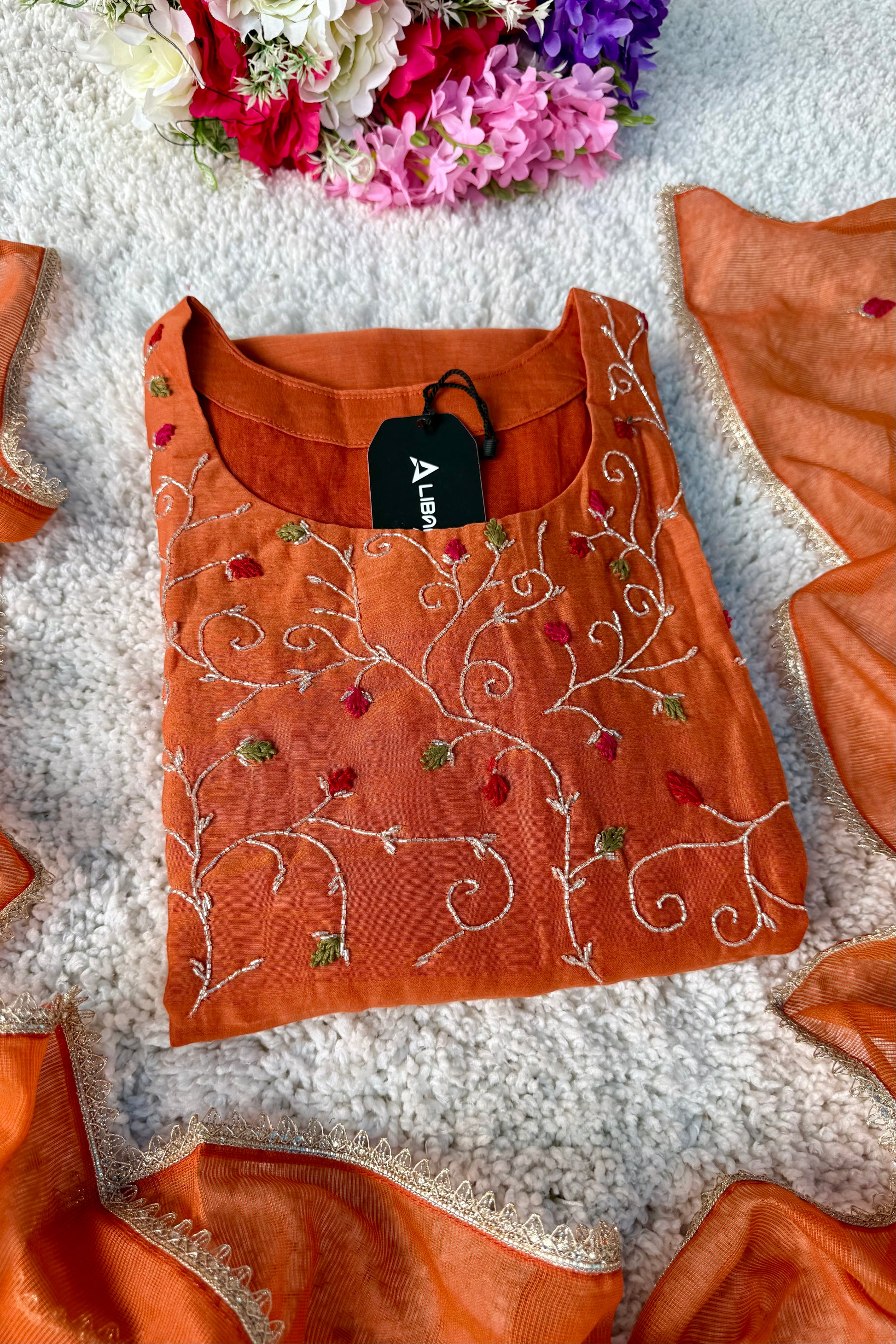 ✨AZ03 - Beautiful Rust Orange Mul Chanderi A Line Kurta set