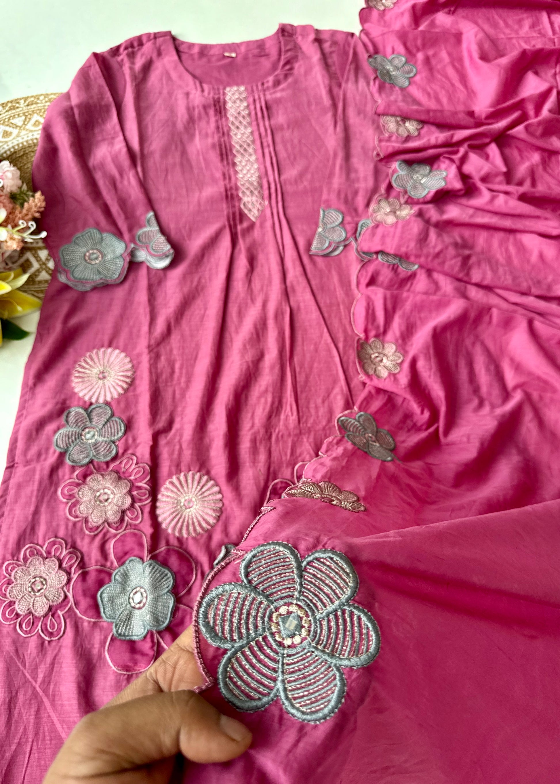“Anya” Bloomberry Blush Mul Chanderi Suit Set