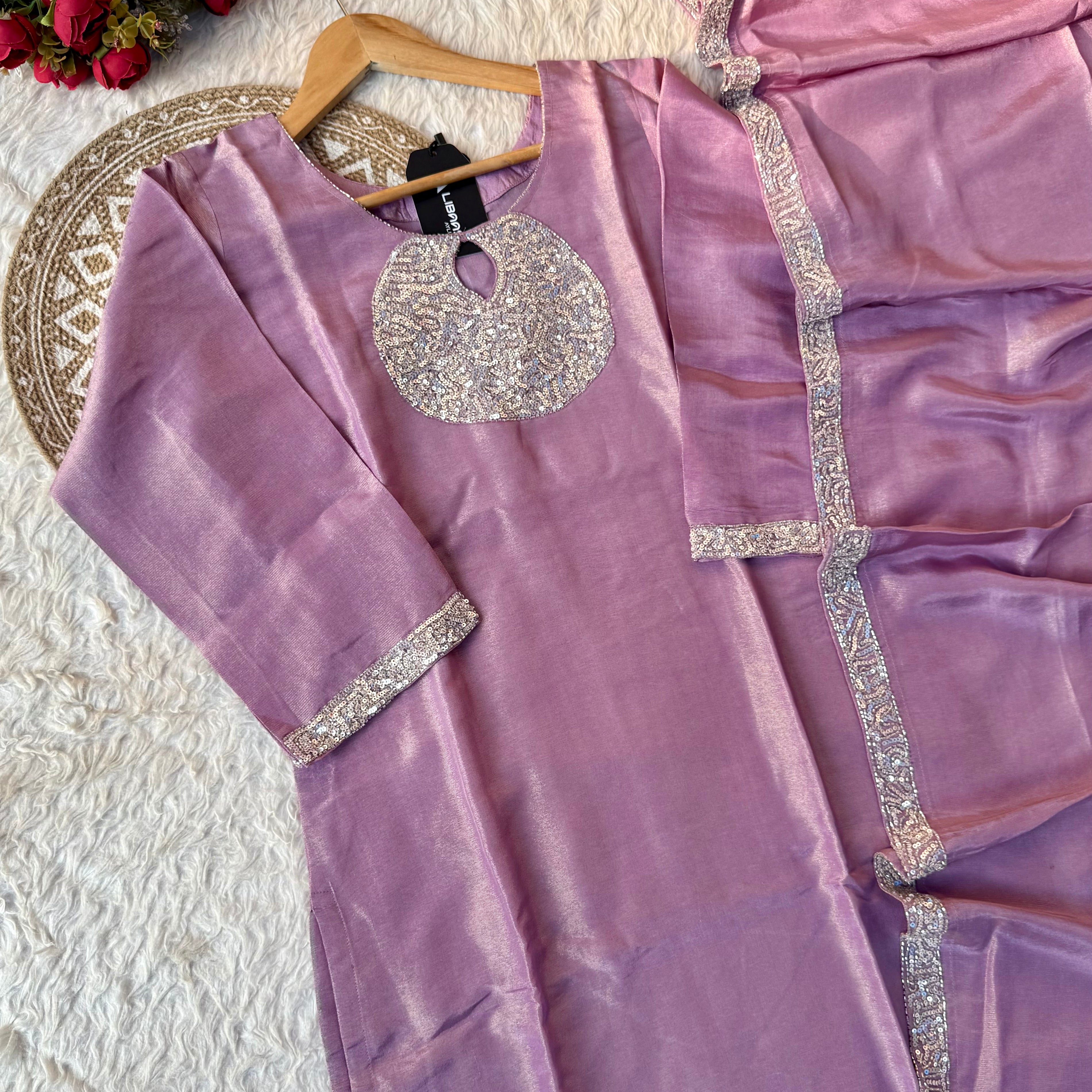 “SHINE” Beautiful Lavender with gold tone shimmer tissue kurta set