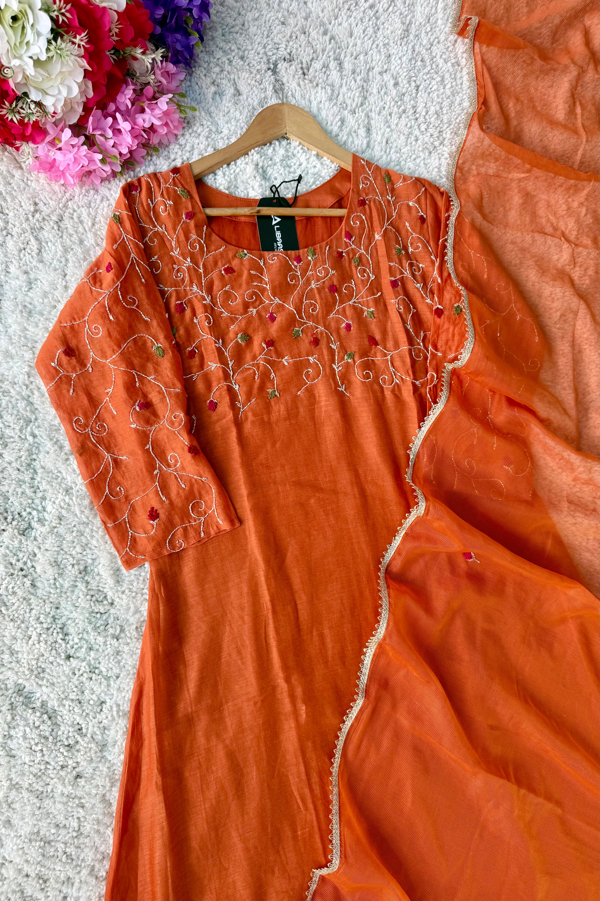 ✨AZ03 - Beautiful Rust Orange Mul Chanderi A Line Kurta set
