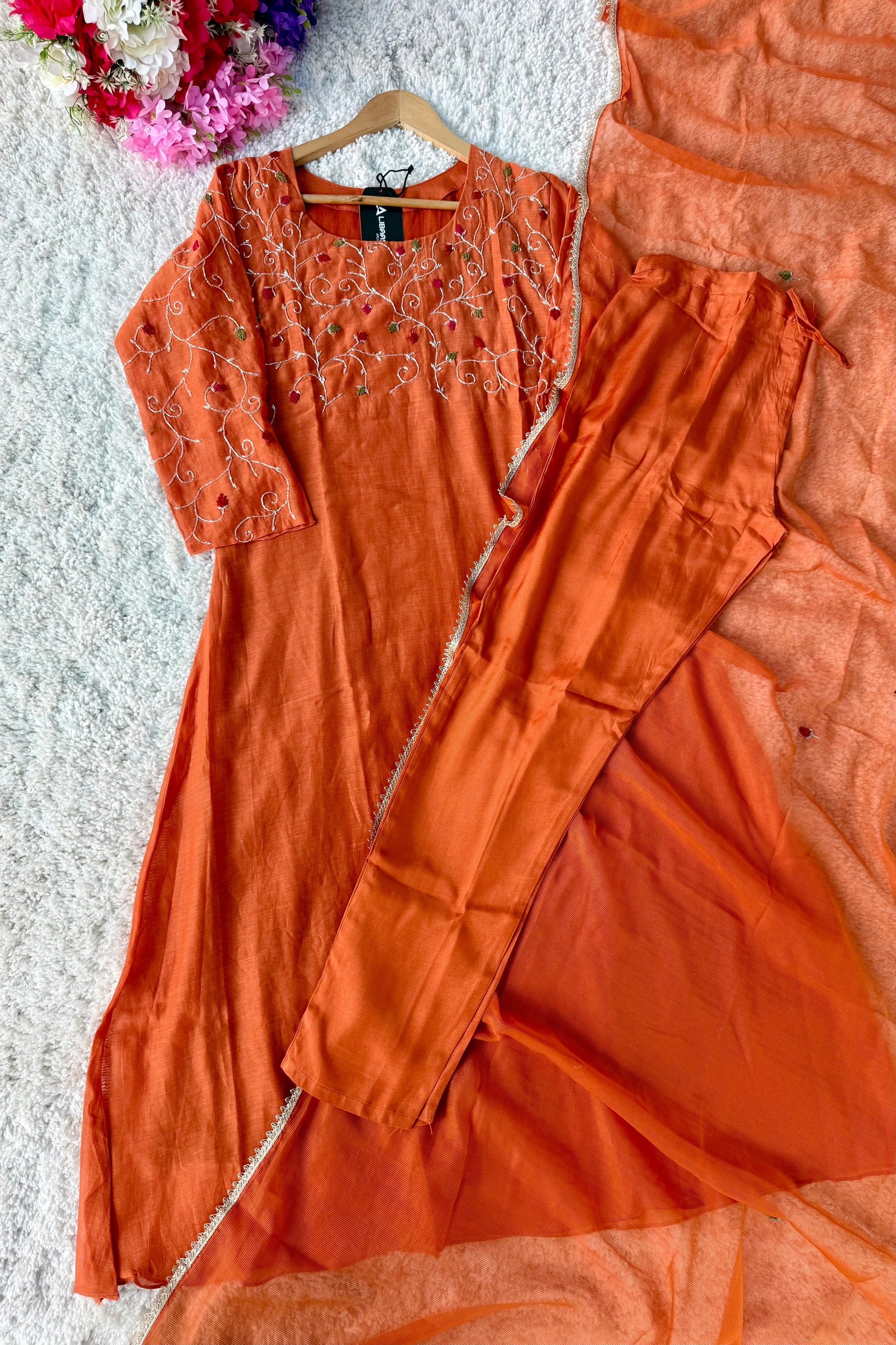 ✨AZ03 - Beautiful Rust Orange Mul Chanderi A Line Kurta set