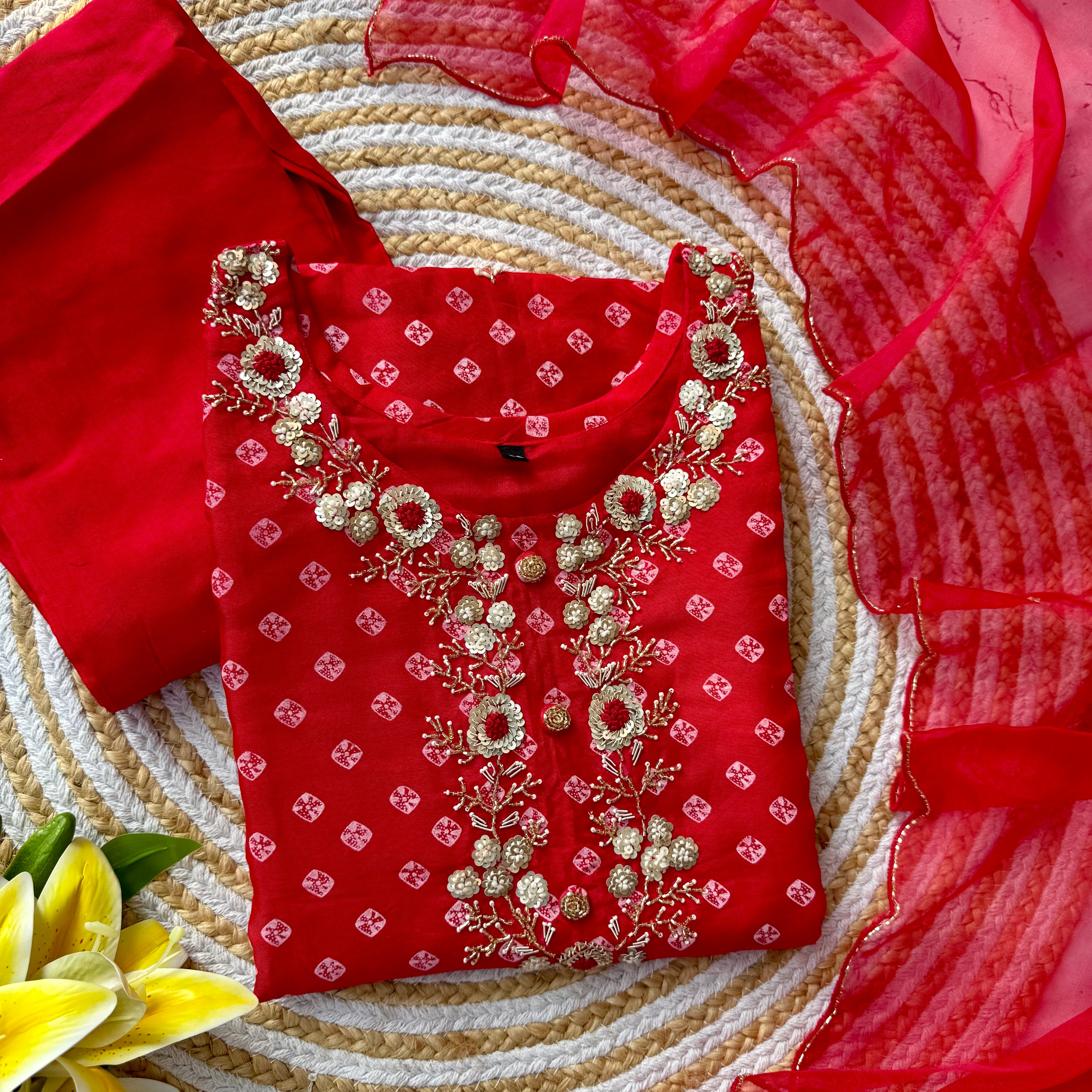 ‘’ BHANDEJ” Beautiful red shade bhandej dola silk set