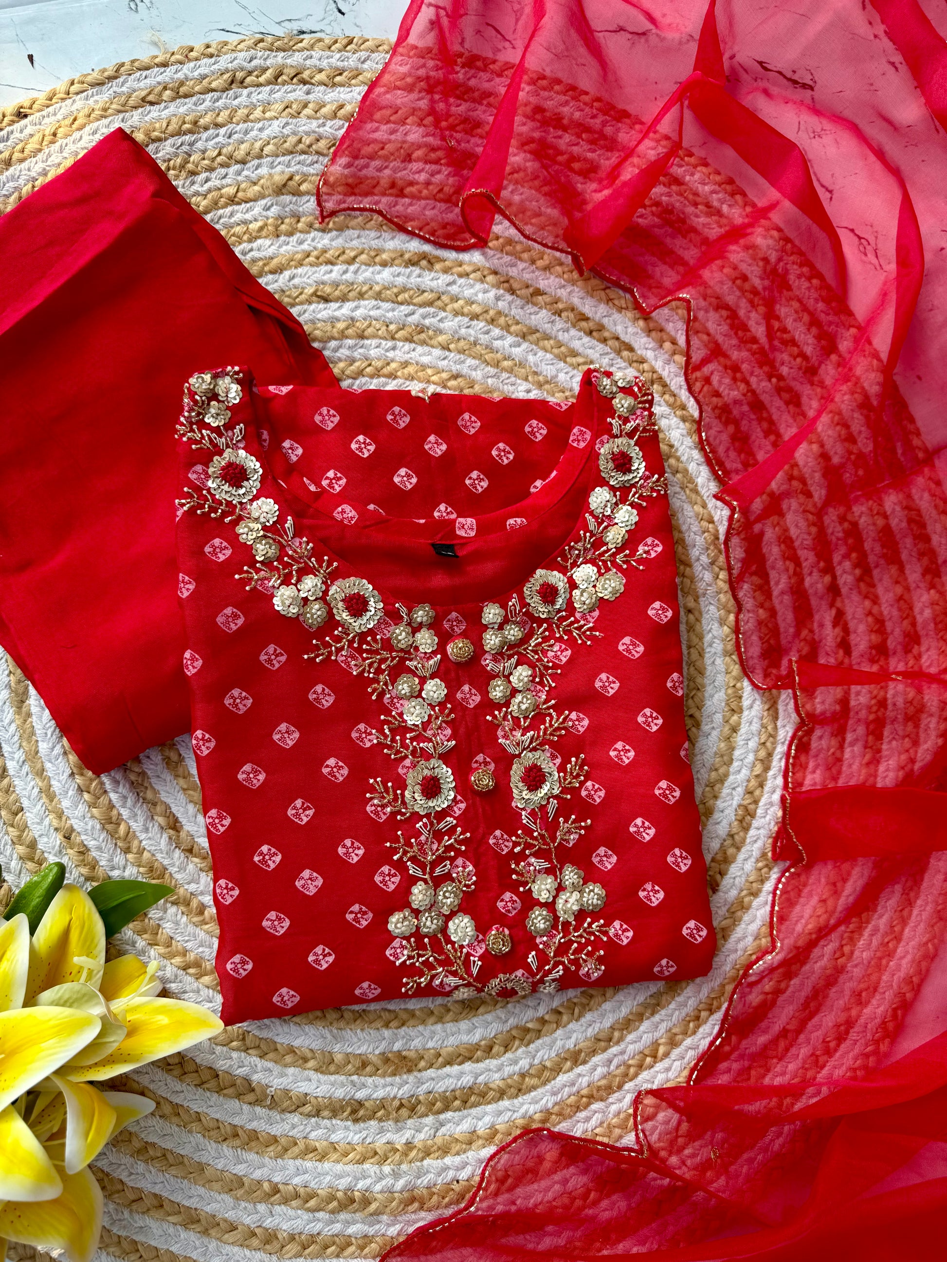 ‘’ BHANDEJ” Beautiful red shade bhandej dola silk set