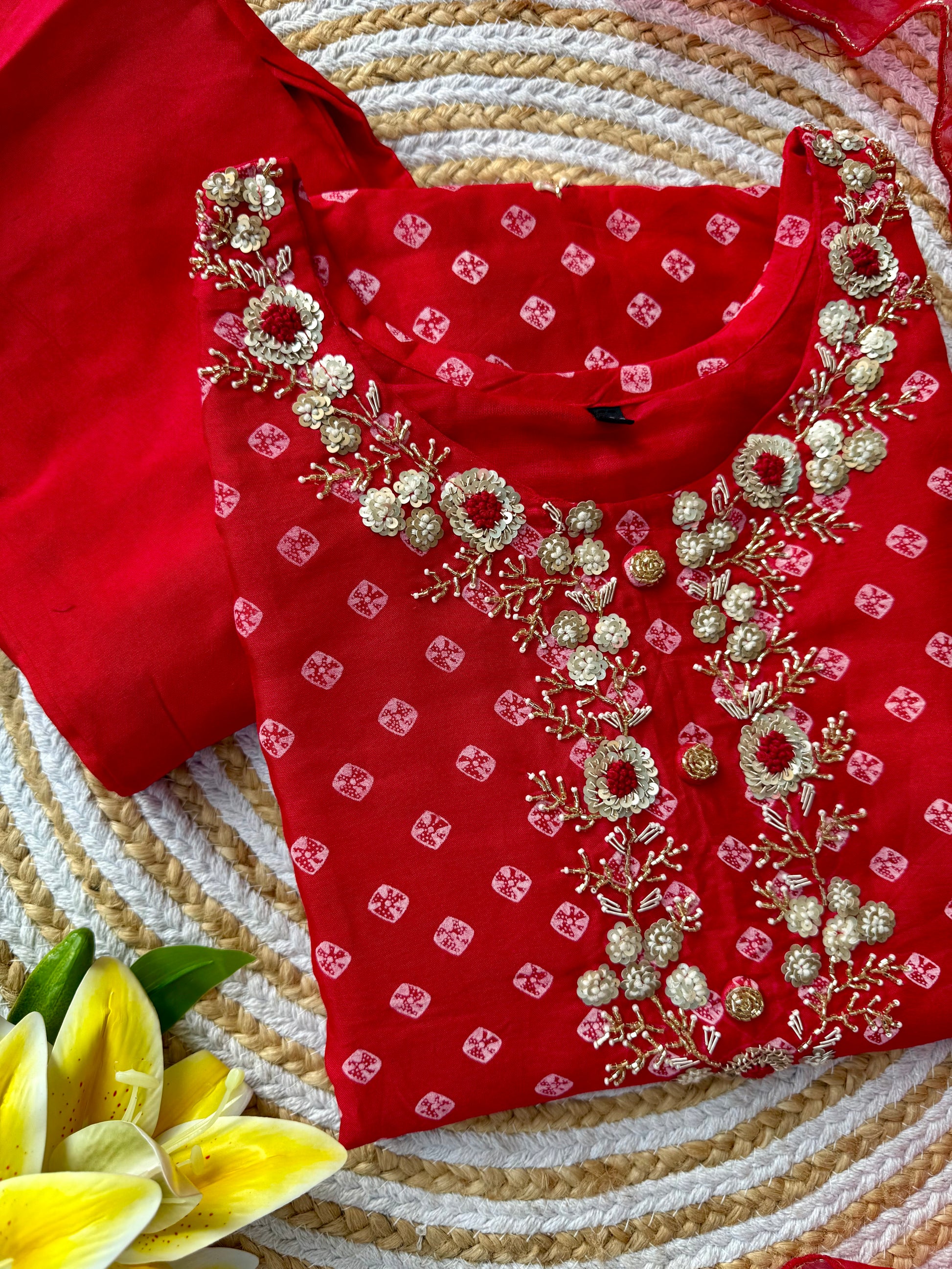 ‘’ BHANDEJ” Beautiful red shade bhandej dola silk set