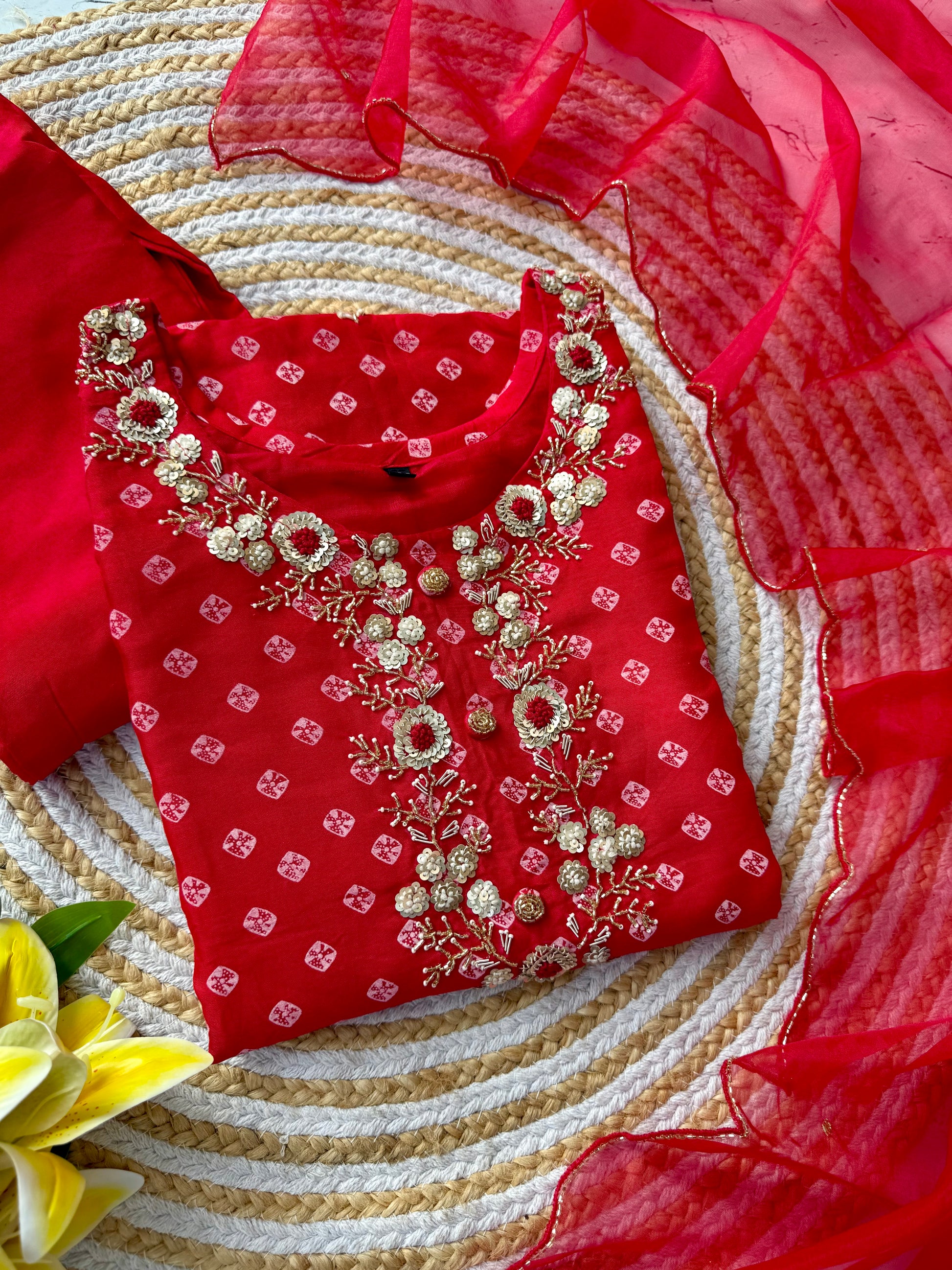 ‘’ BHANDEJ” Beautiful red shade bhandej dola silk set