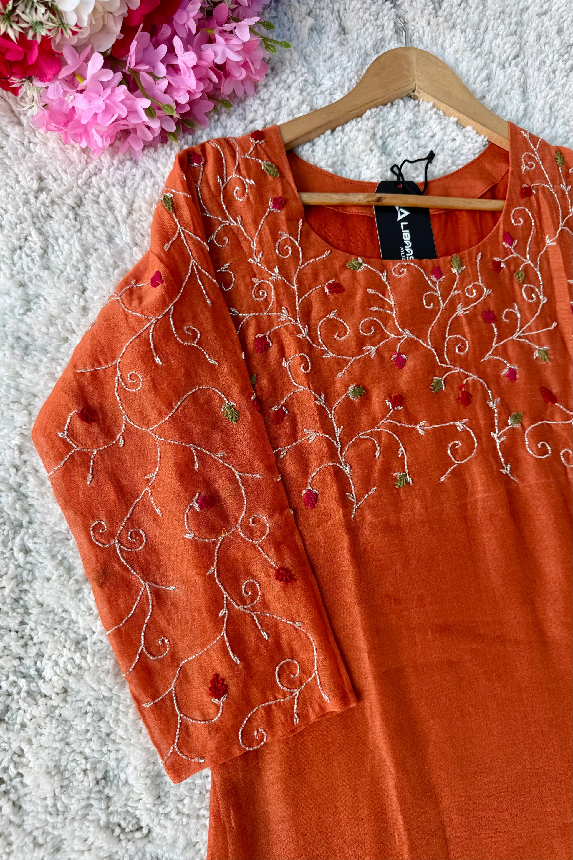 ✨AZ03 - Beautiful Rust Orange Mul Chanderi A Line Kurta set