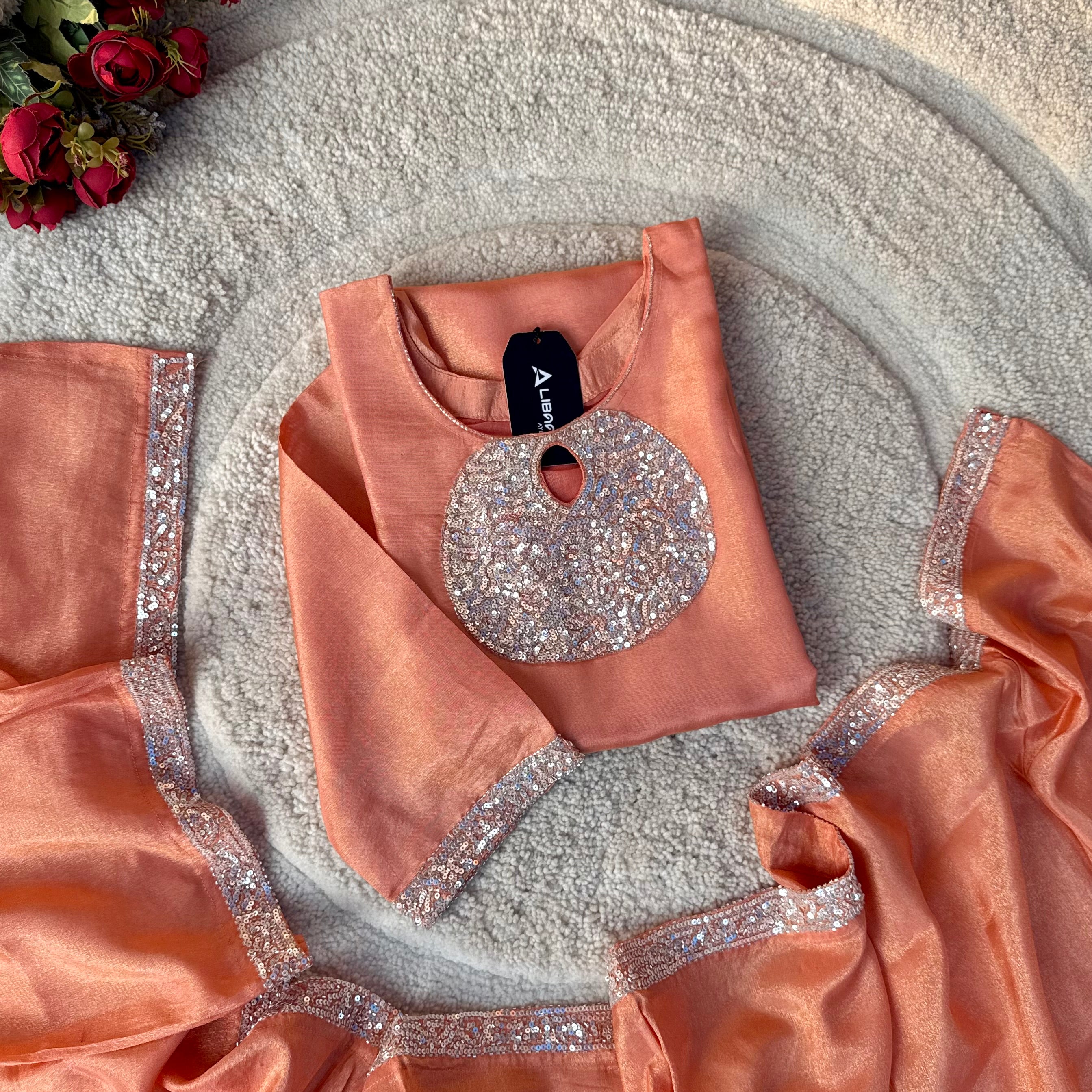 “SHINE” Beautiful Peach with gold tone shimmer tissue kurta set
