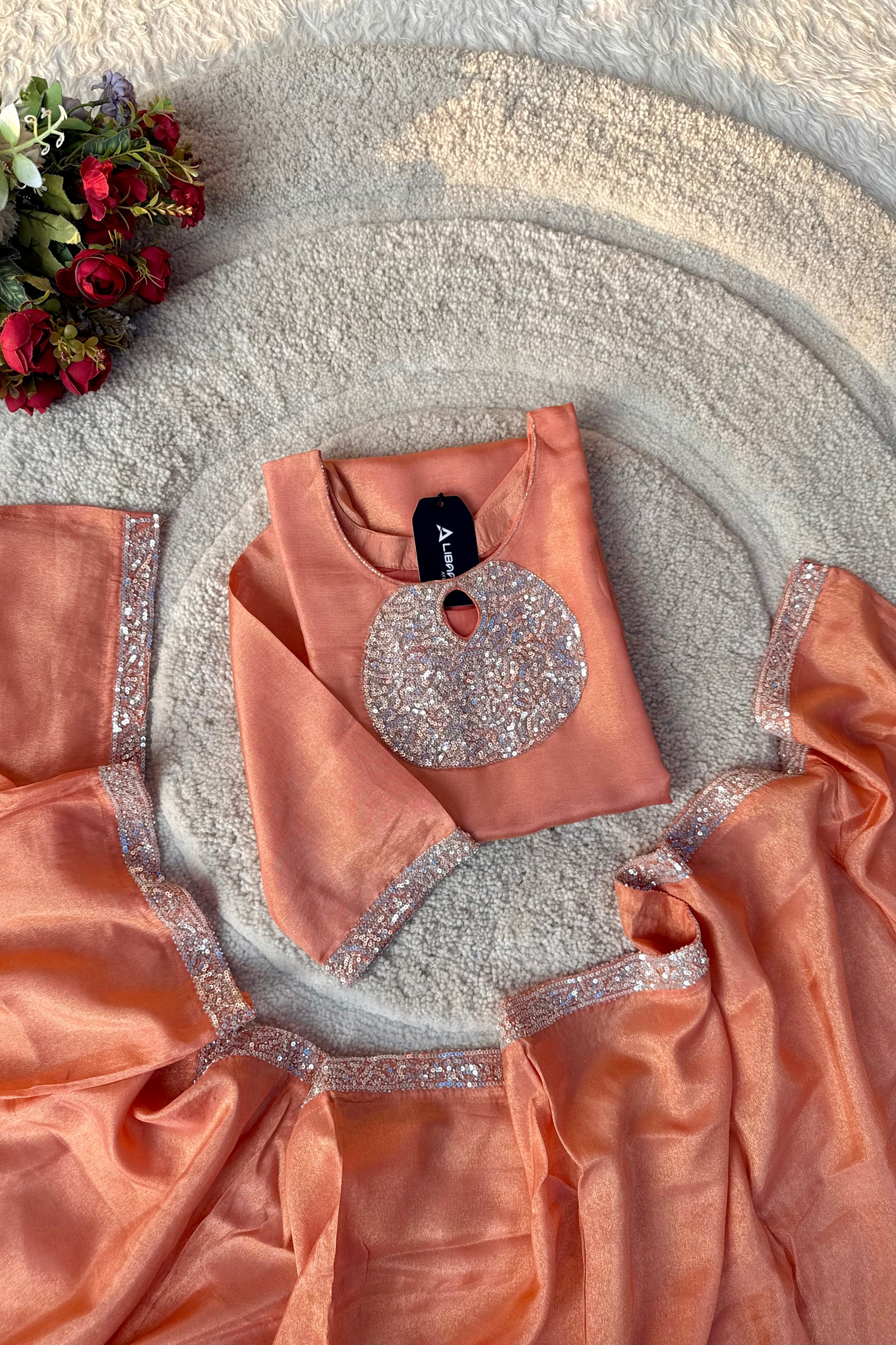 “SHINE” Beautiful Peach with gold tone shimmer tissue kurta set