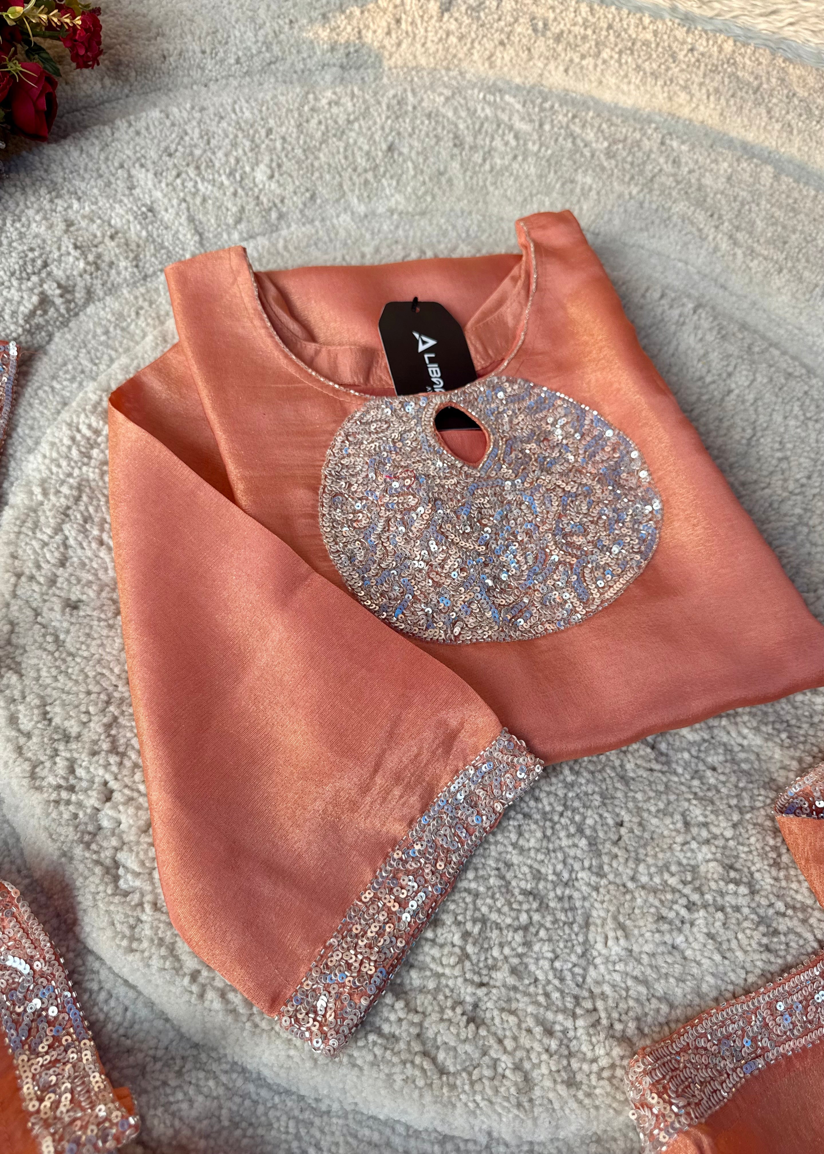 “SHINE” Beautiful Peach with gold tone shimmer tissue kurta set