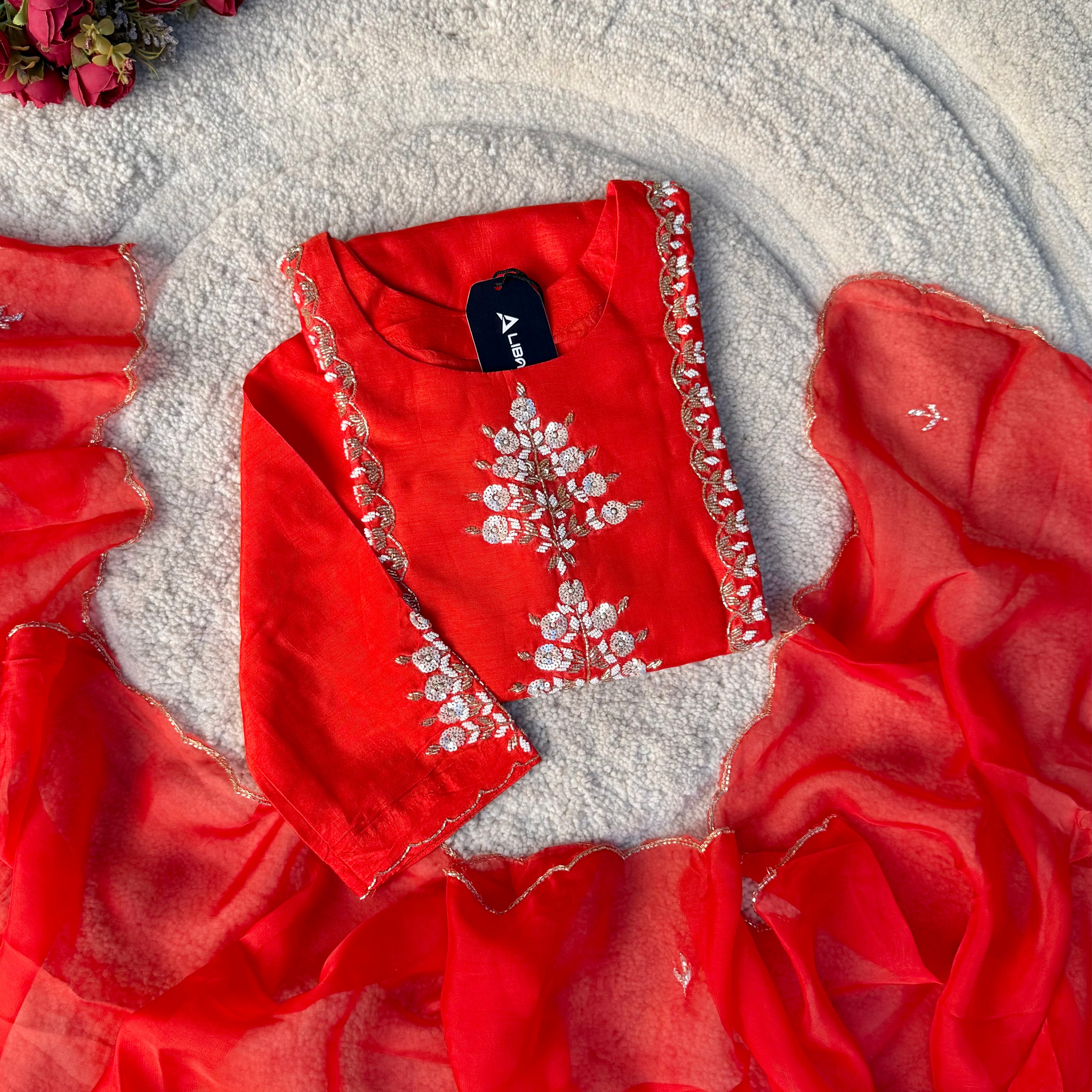 “Orange” Partywear Orange heavy handwork Dola Silk Kurta Set