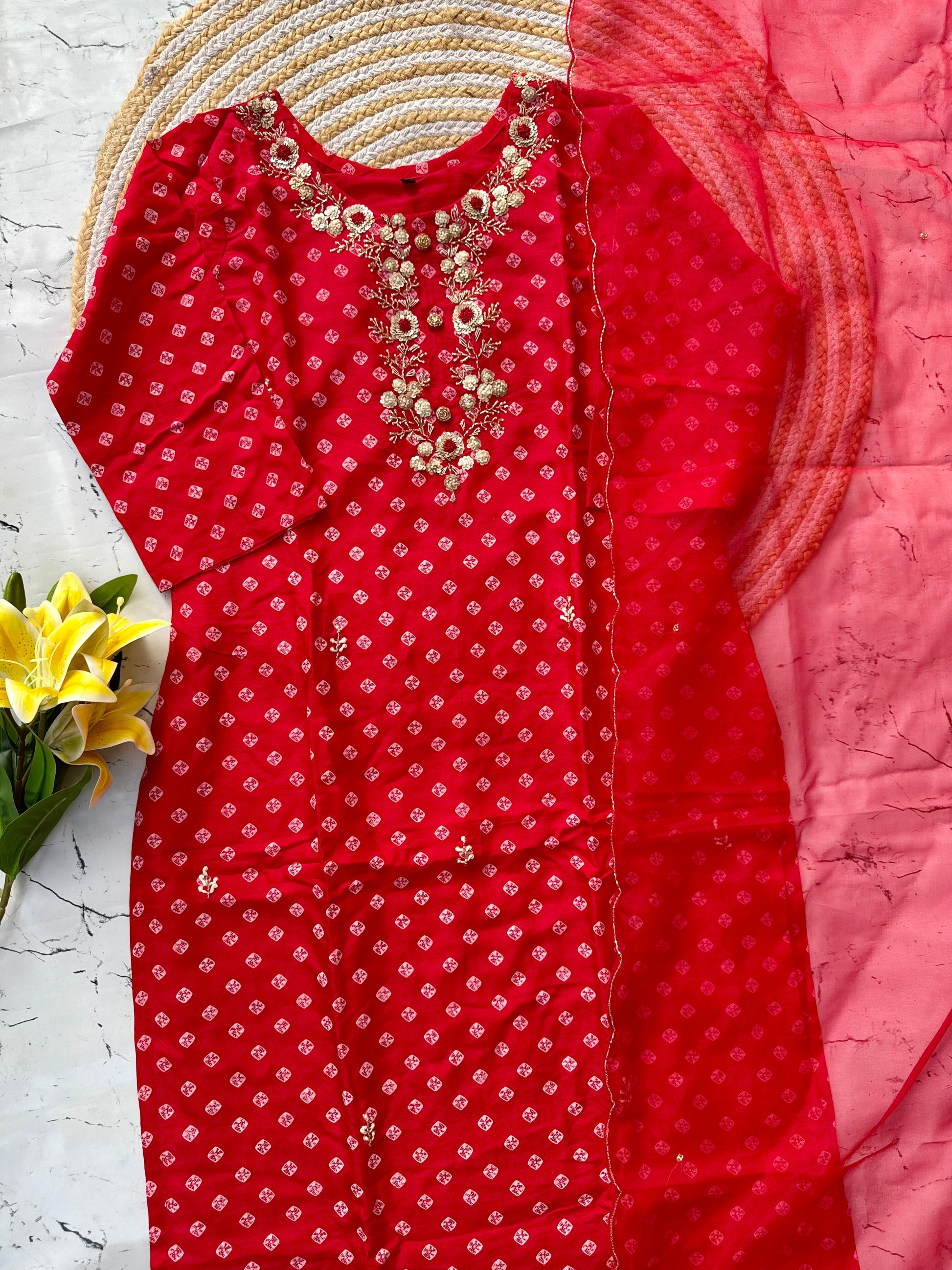 ‘’ BHANDEJ” Beautiful red shade bhandej dola silk set