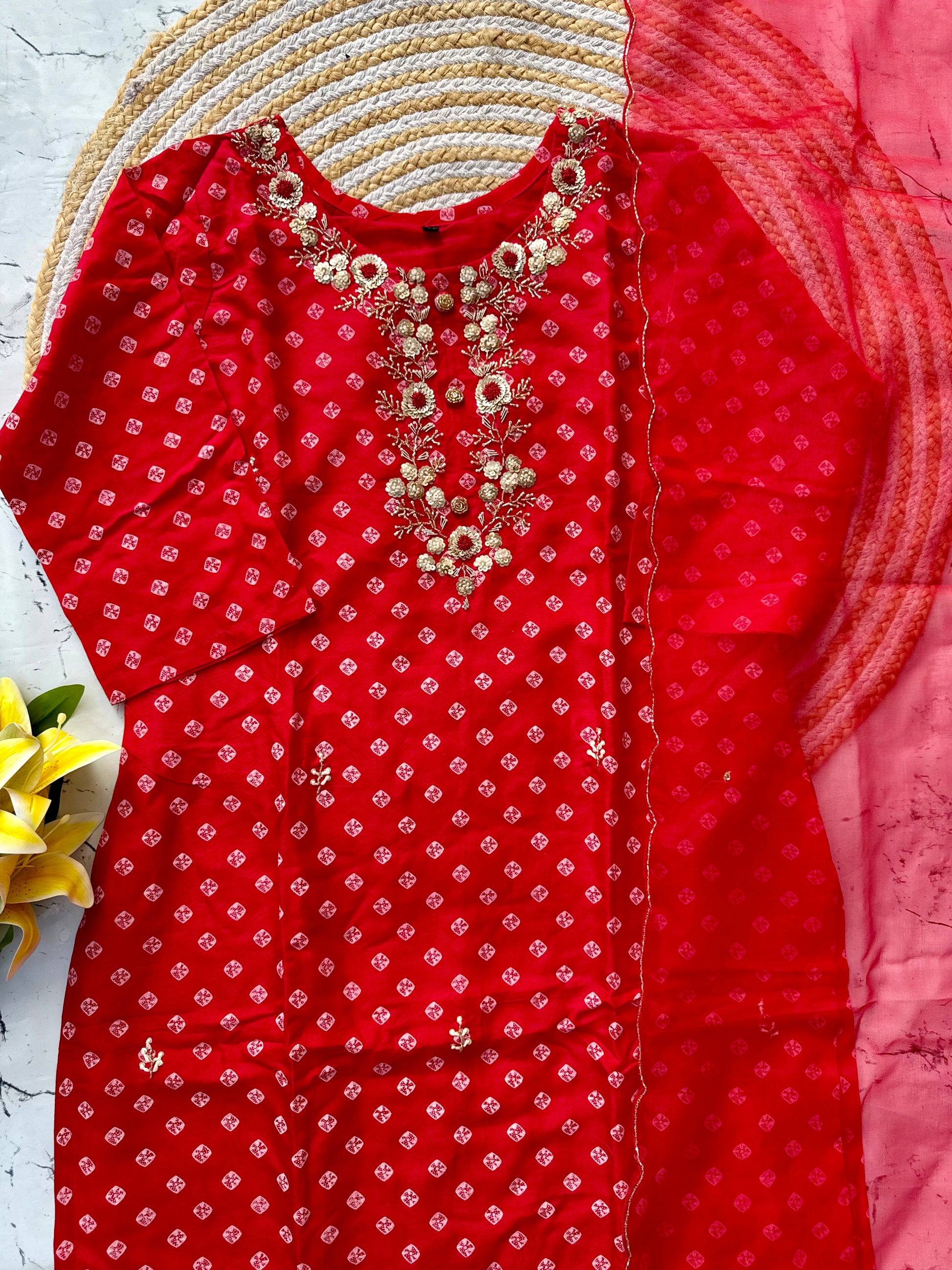 ‘’ BHANDEJ” Beautiful red shade bhandej dola silk set