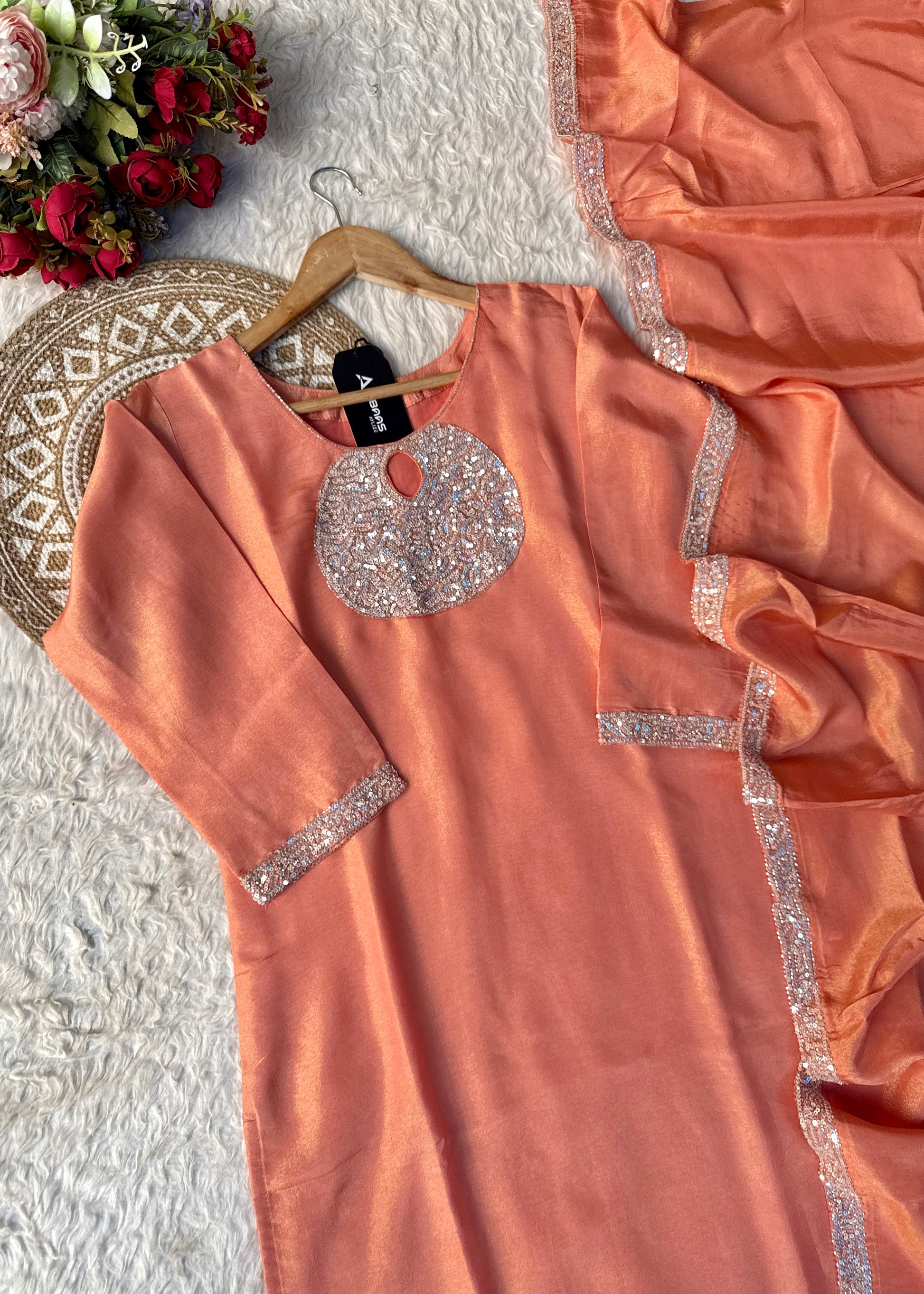 “SHINE” Beautiful Peach with gold tone shimmer tissue kurta set
