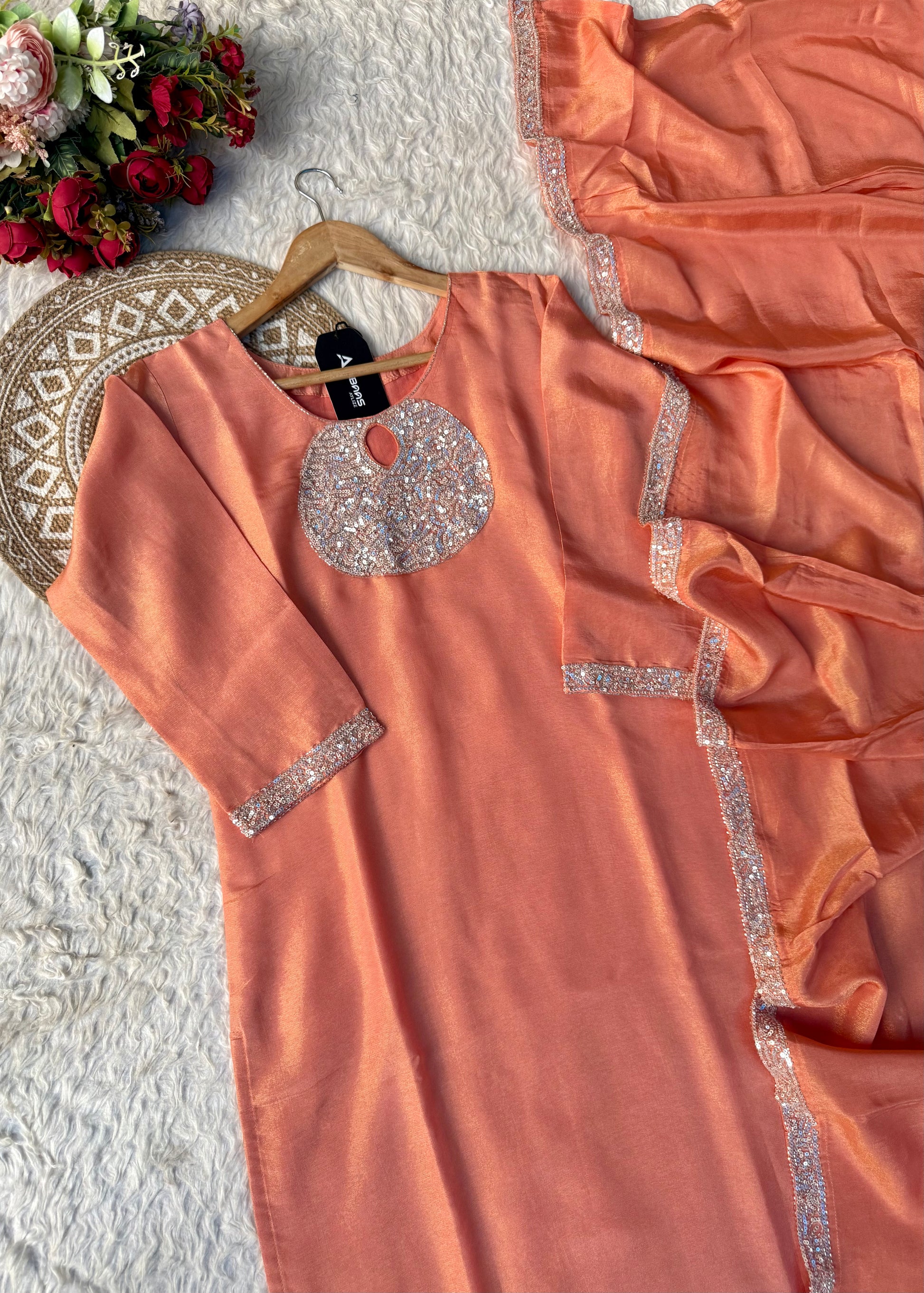 “SHINE” Beautiful Peach with gold tone shimmer tissue kurta set