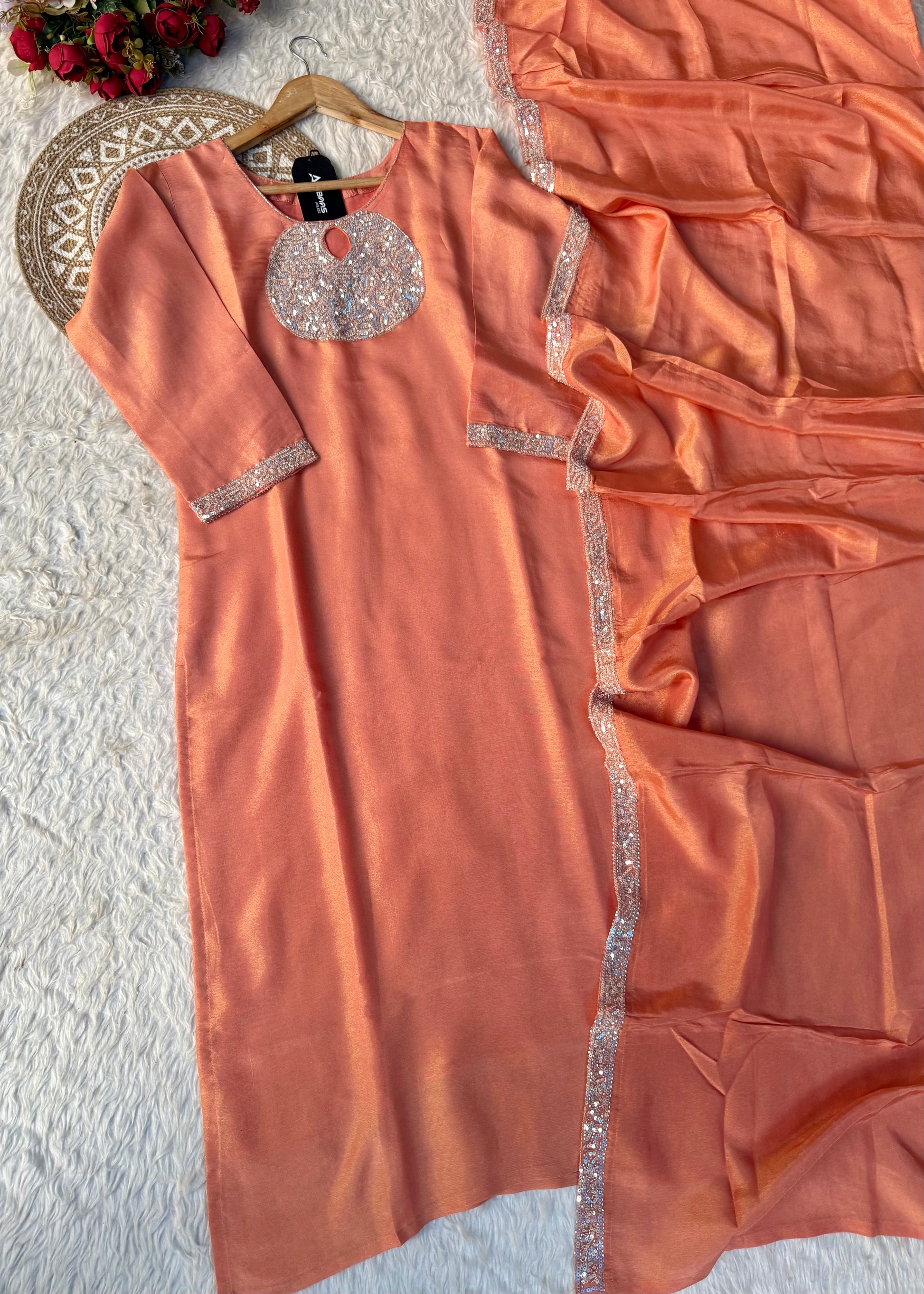 “SHINE” Beautiful Peach with gold tone shimmer tissue kurta set