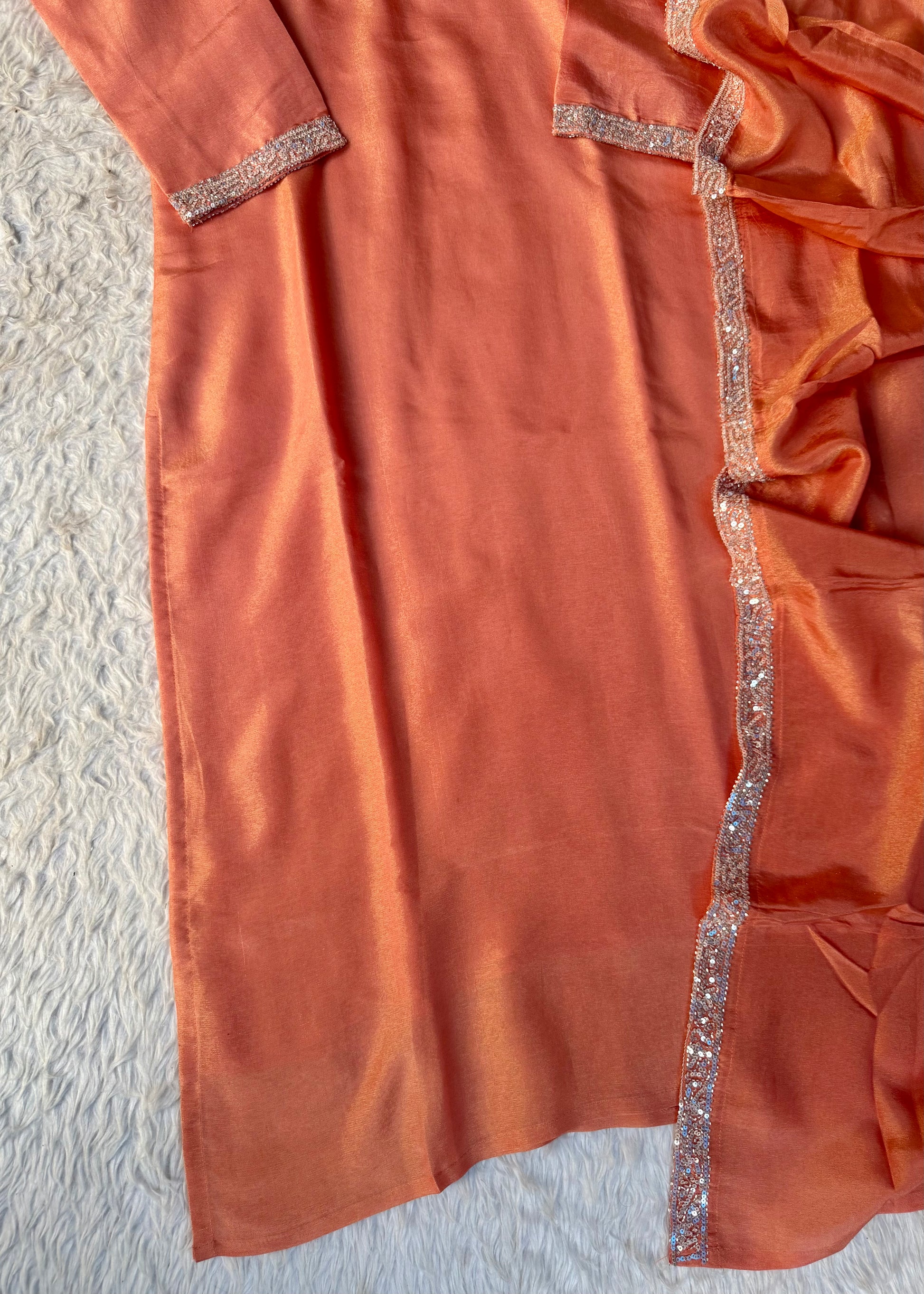 “SHINE” Beautiful Peach with gold tone shimmer tissue kurta set