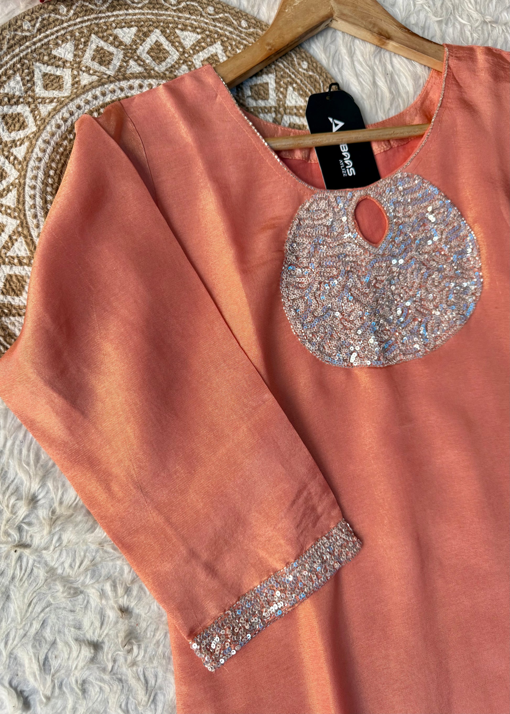 “SHINE” Beautiful Peach with gold tone shimmer tissue kurta set