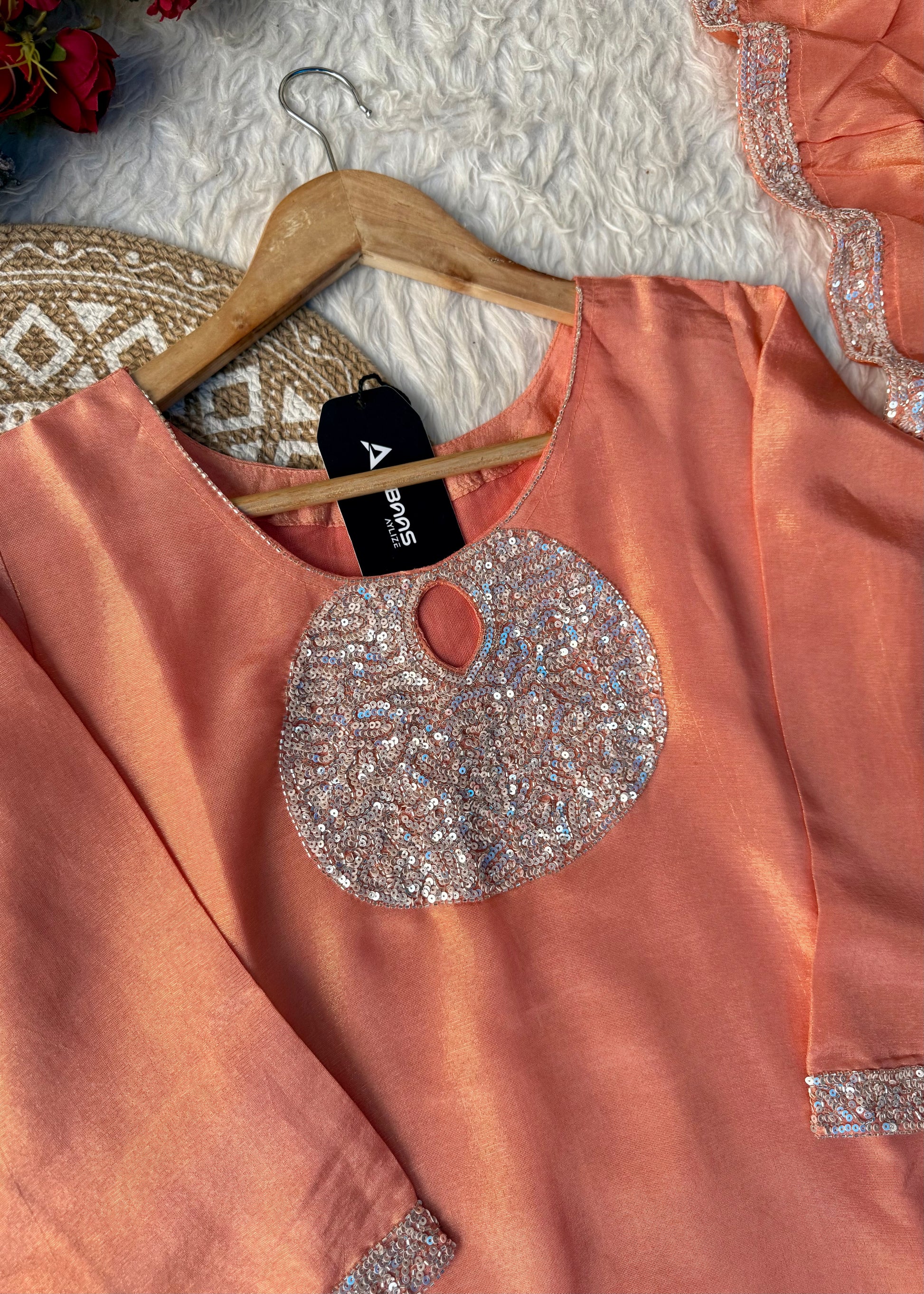 “SHINE” Beautiful Peach with gold tone shimmer tissue kurta set