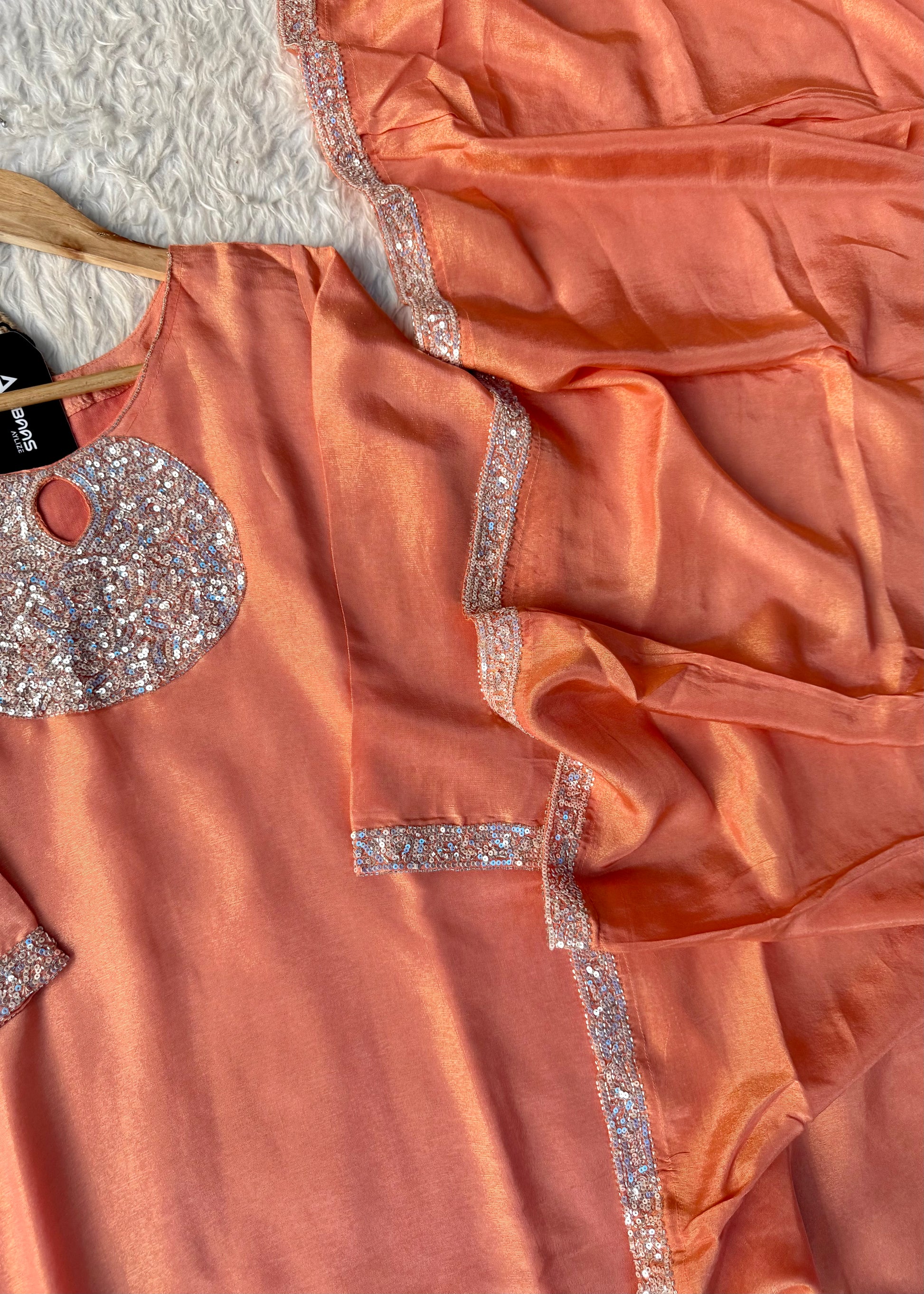 “SHINE” Beautiful Peach with gold tone shimmer tissue kurta set