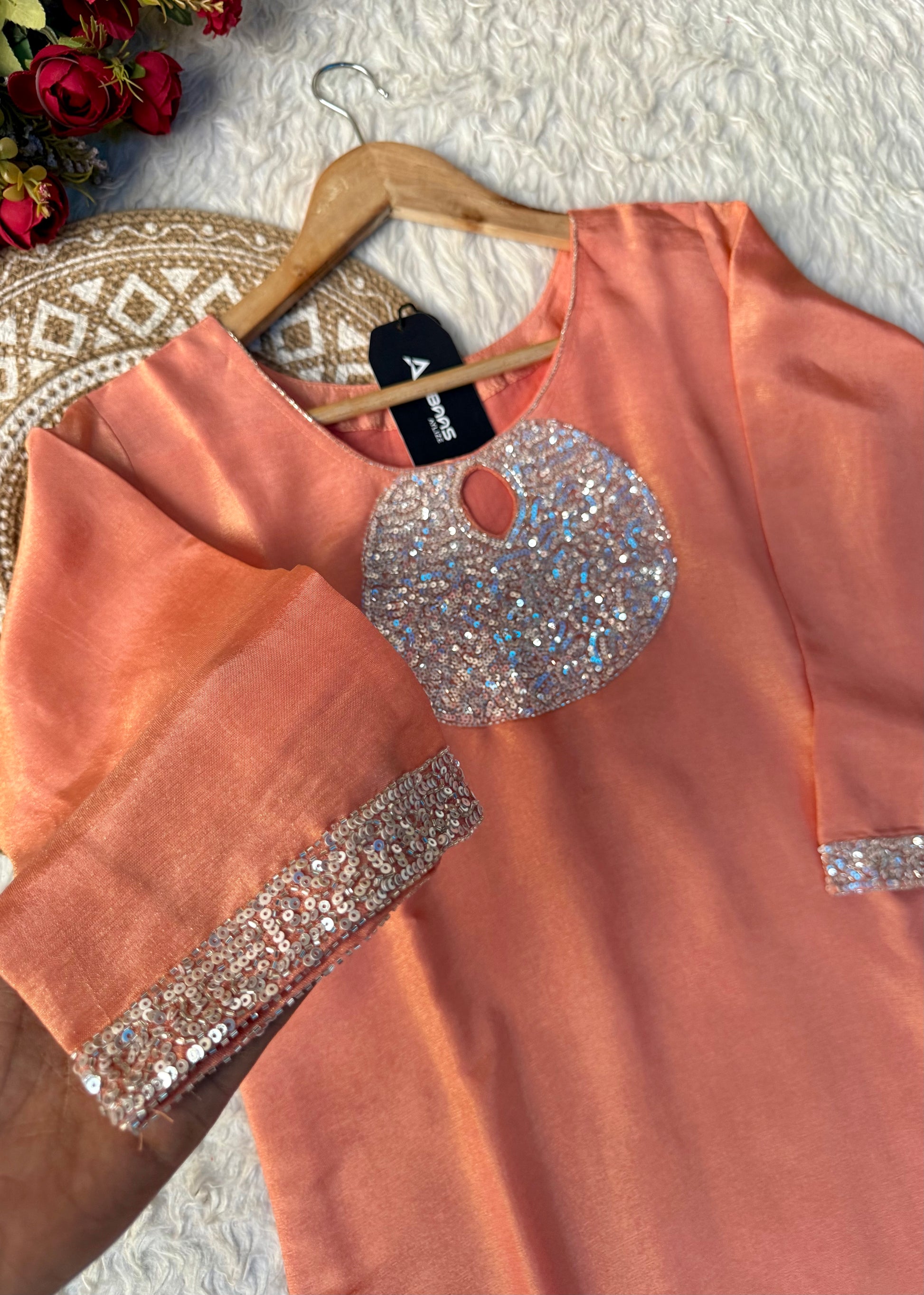 “SHINE” Beautiful Peach with gold tone shimmer tissue kurta set