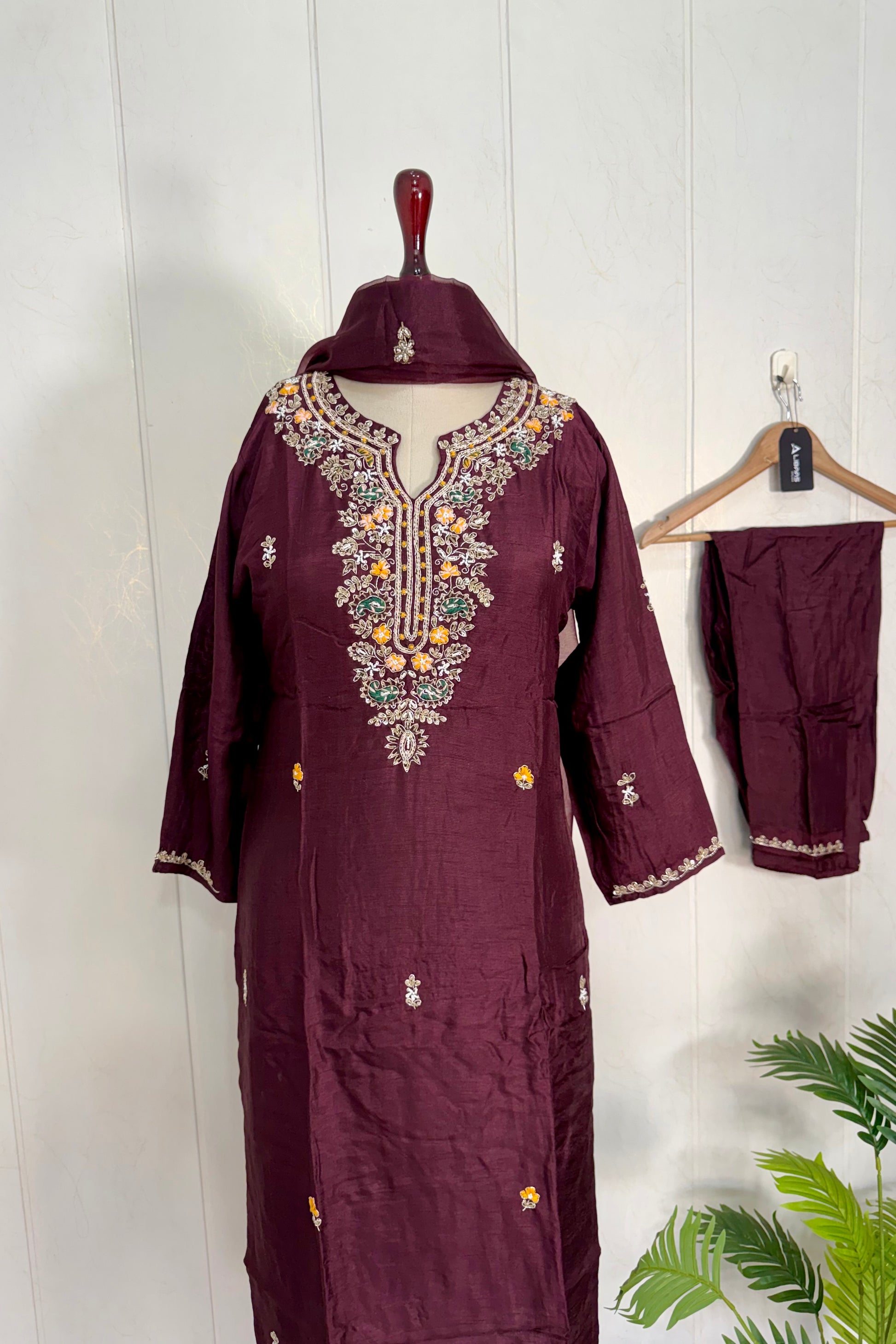 “ISHIKA” Brwon handcrafted dola silk kurti set