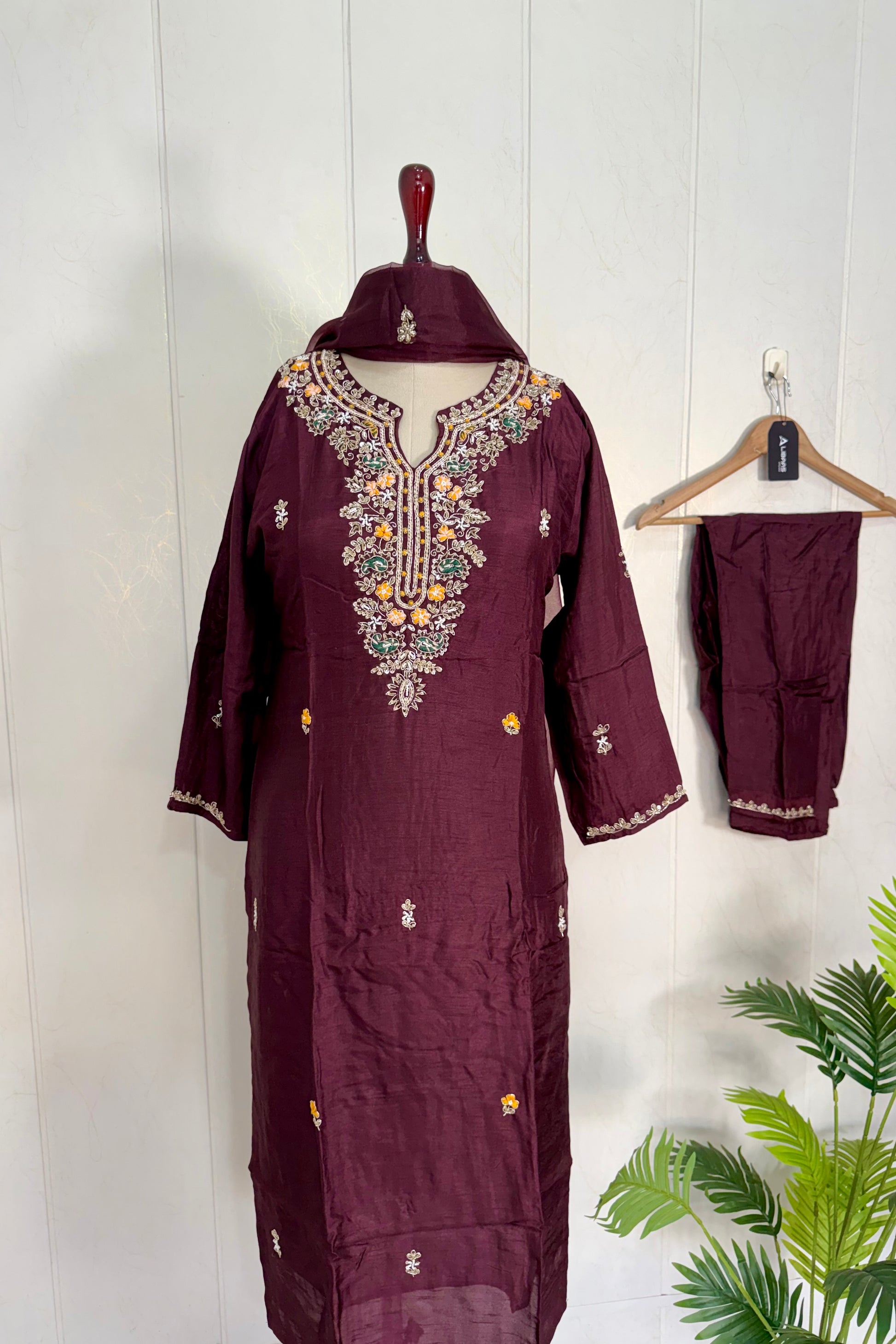 “ISHIKA” Brwon handcrafted dola silk kurti set