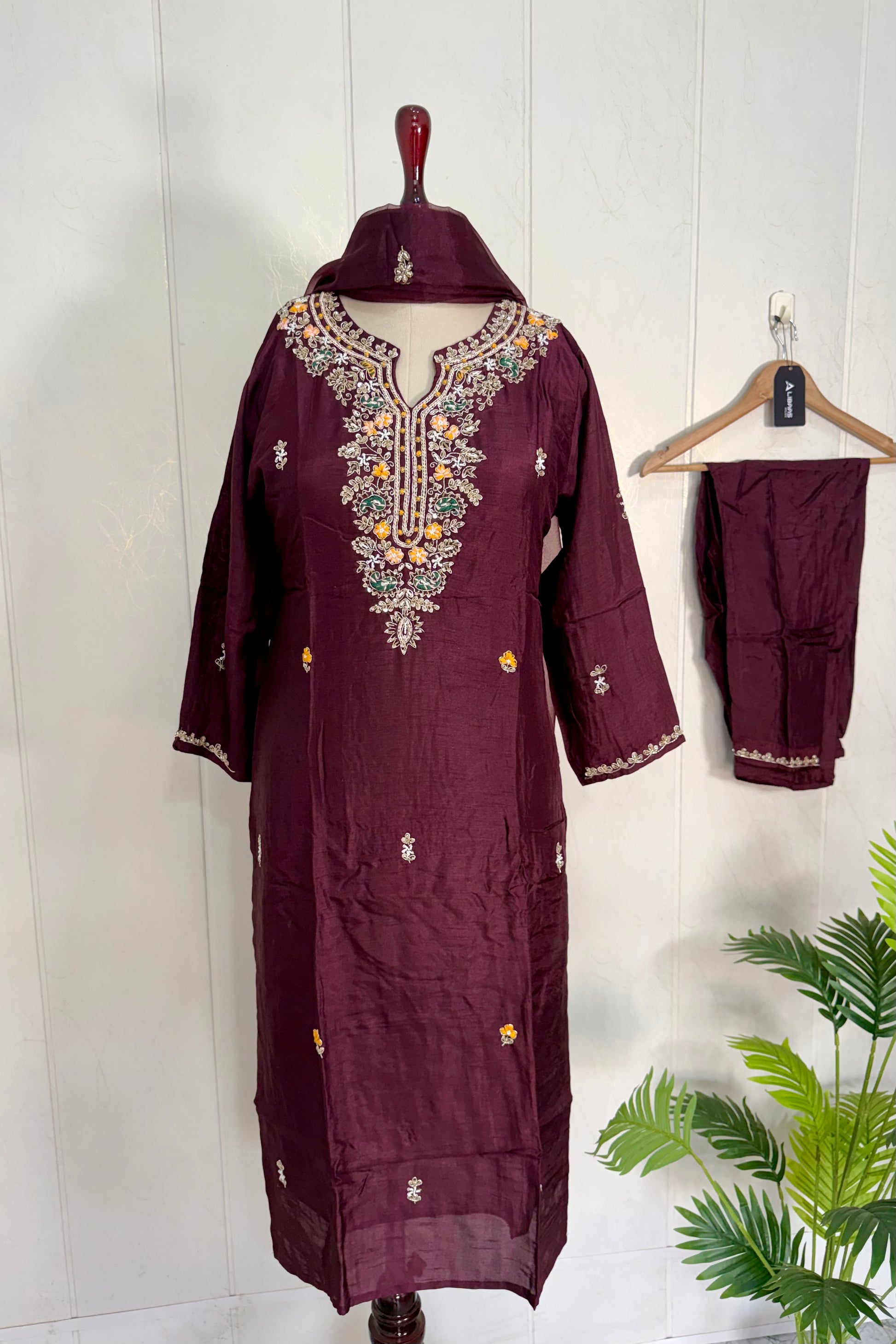 “ISHIKA” Brwon handcrafted dola silk kurti set