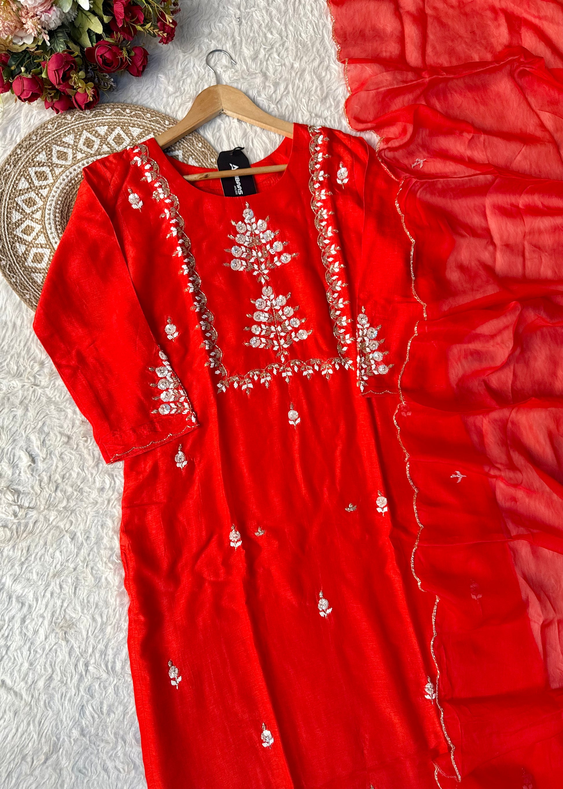 “Orange” Partywear Orange heavy handwork Dola Silk Kurta Set