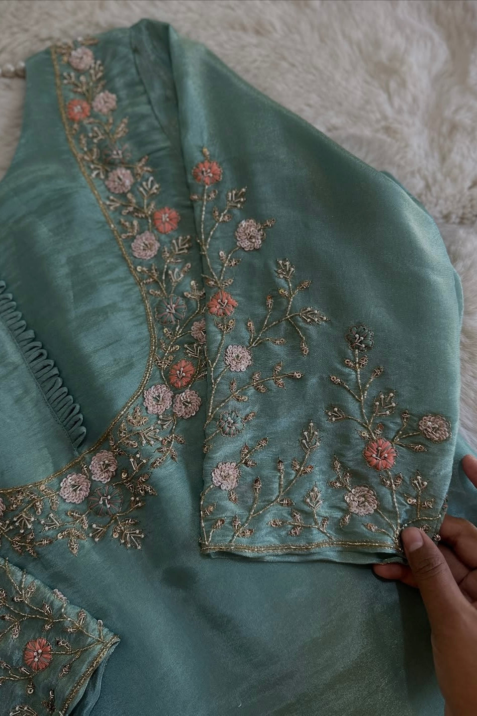 “Naayaab” Premium Pista Green Tissue silk handcrafted kurta set