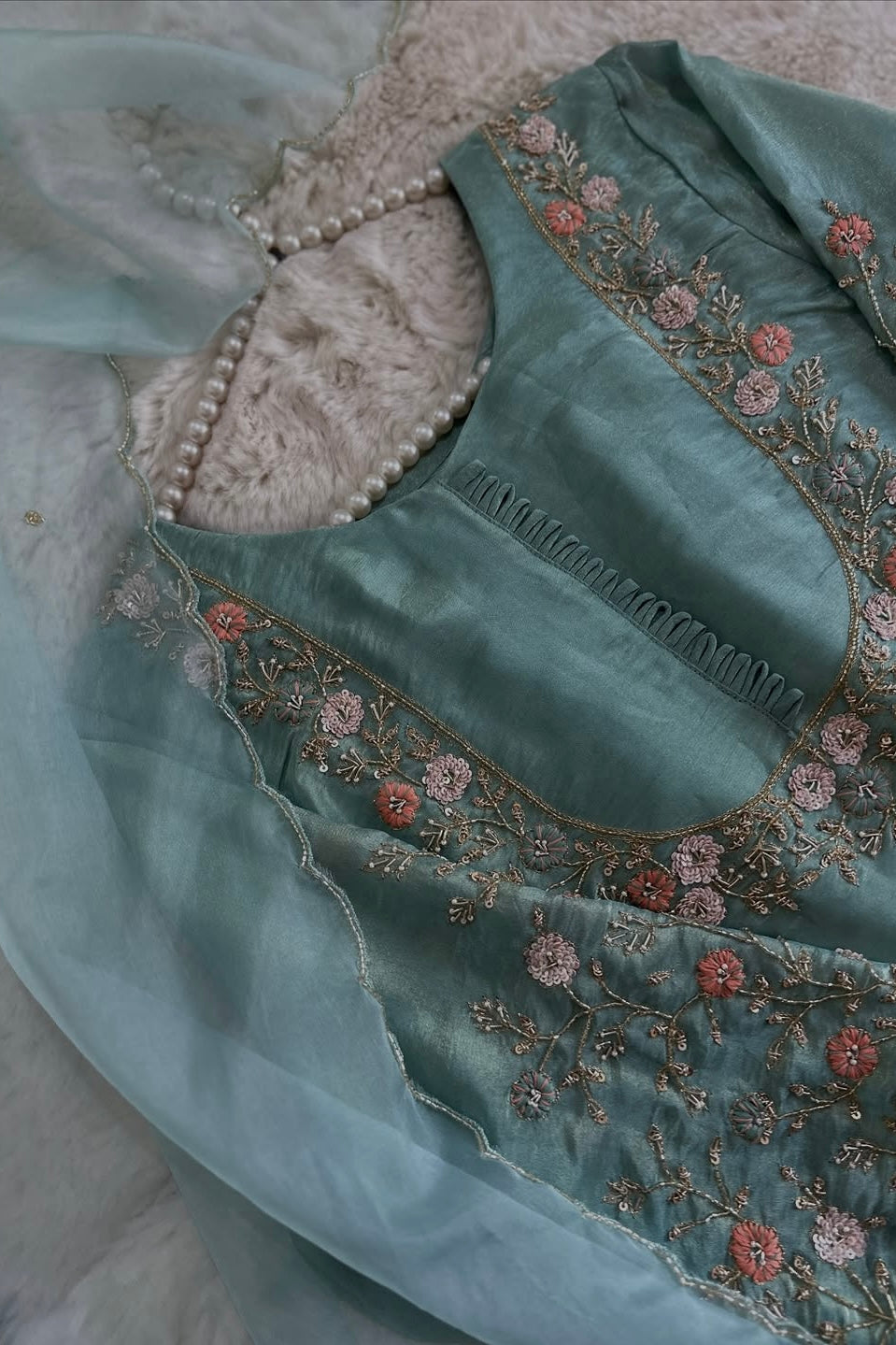 “Naayaab” Premium Pista Green Tissue silk handcrafted kurta set