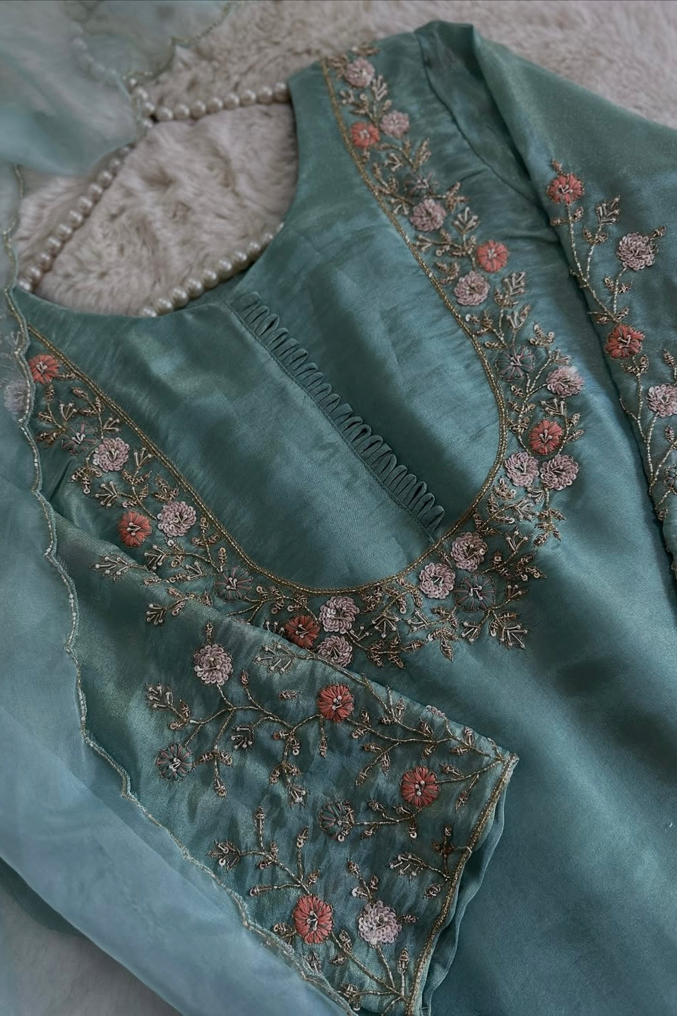 “Naayaab” Premium Pista Green Tissue silk handcrafted kurta set