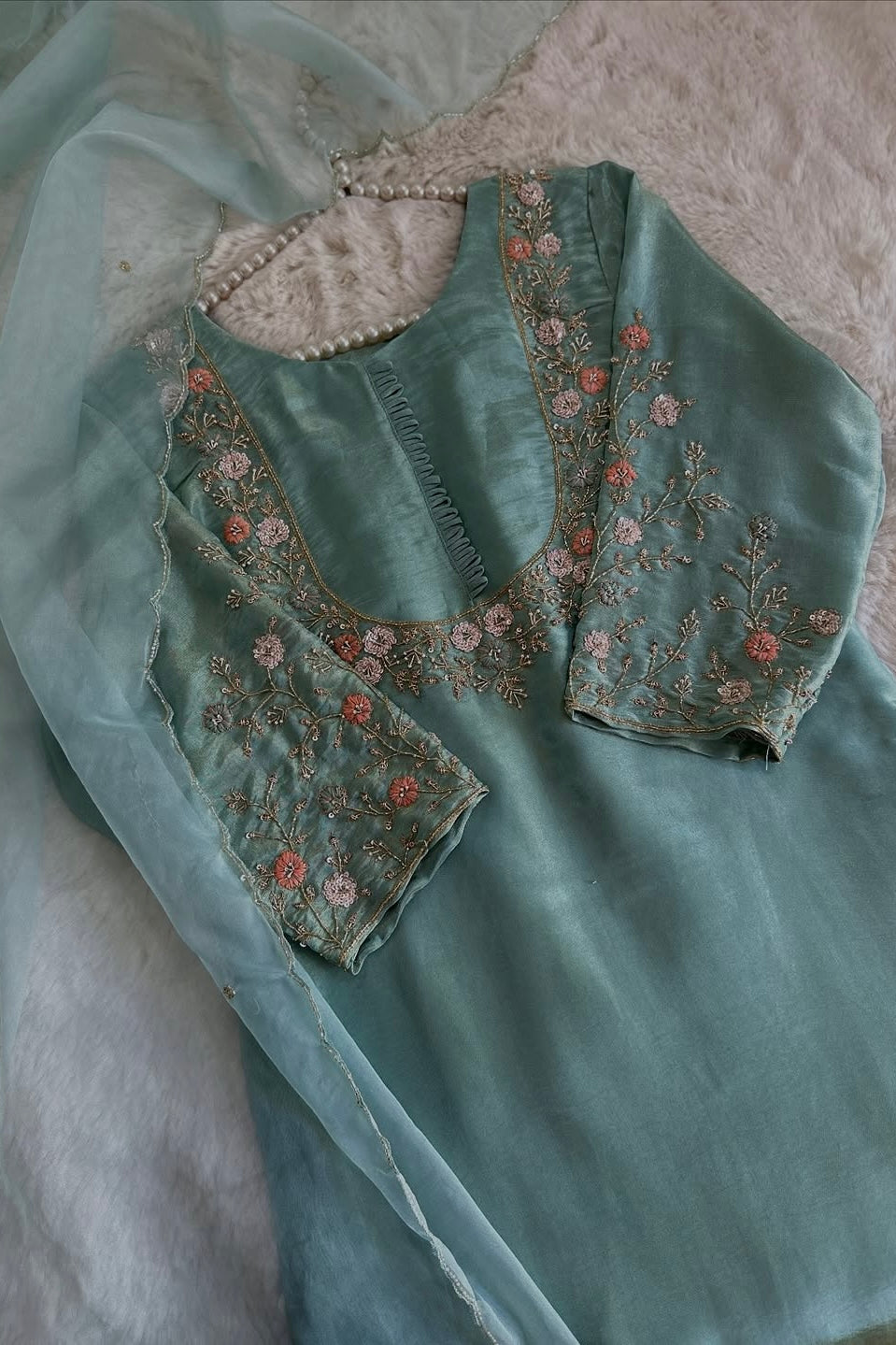 “Naayaab” Premium Pista Green Tissue silk handcrafted kurta set