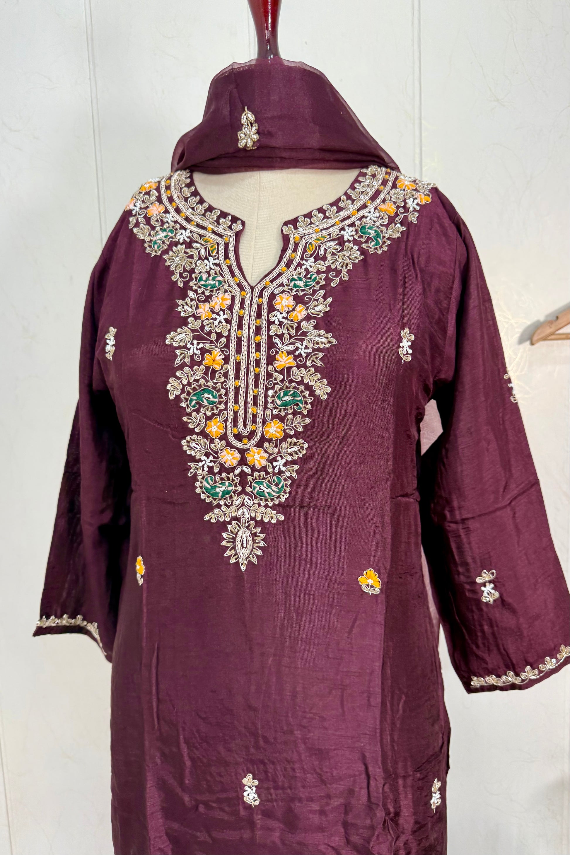 “ISHIKA” Brwon handcrafted dola silk kurti set