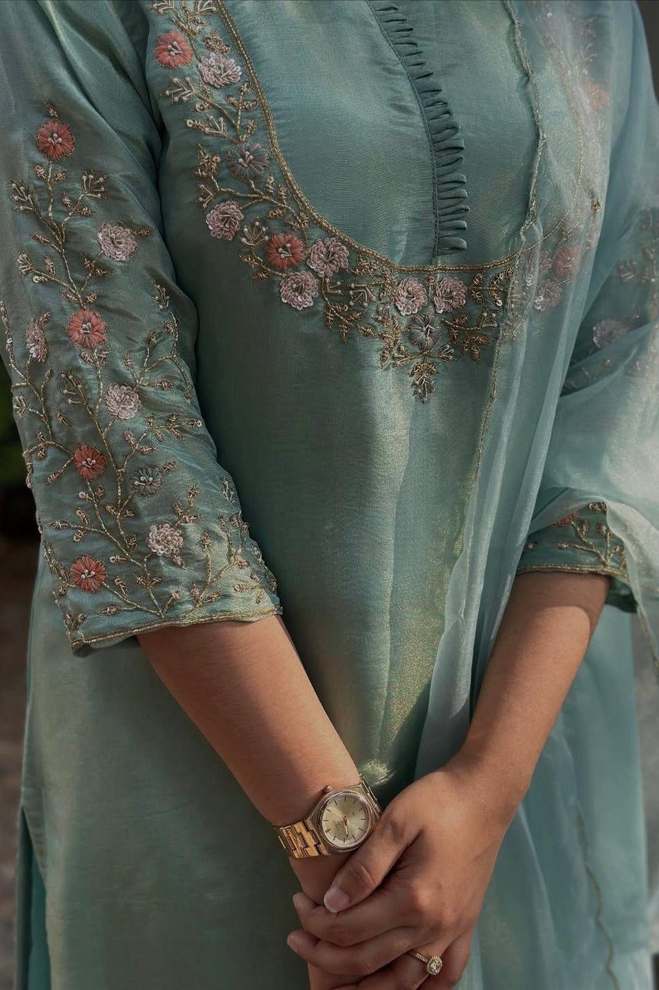 “Naayaab” Premium Pista Green Tissue silk handcrafted kurta set