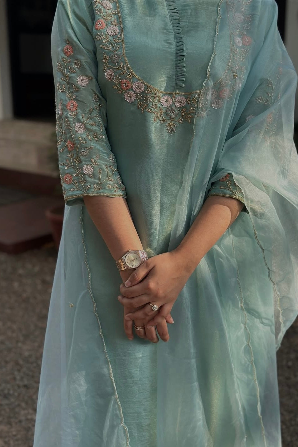 “Naayaab” Premium Pista Green Tissue silk handcrafted kurta set