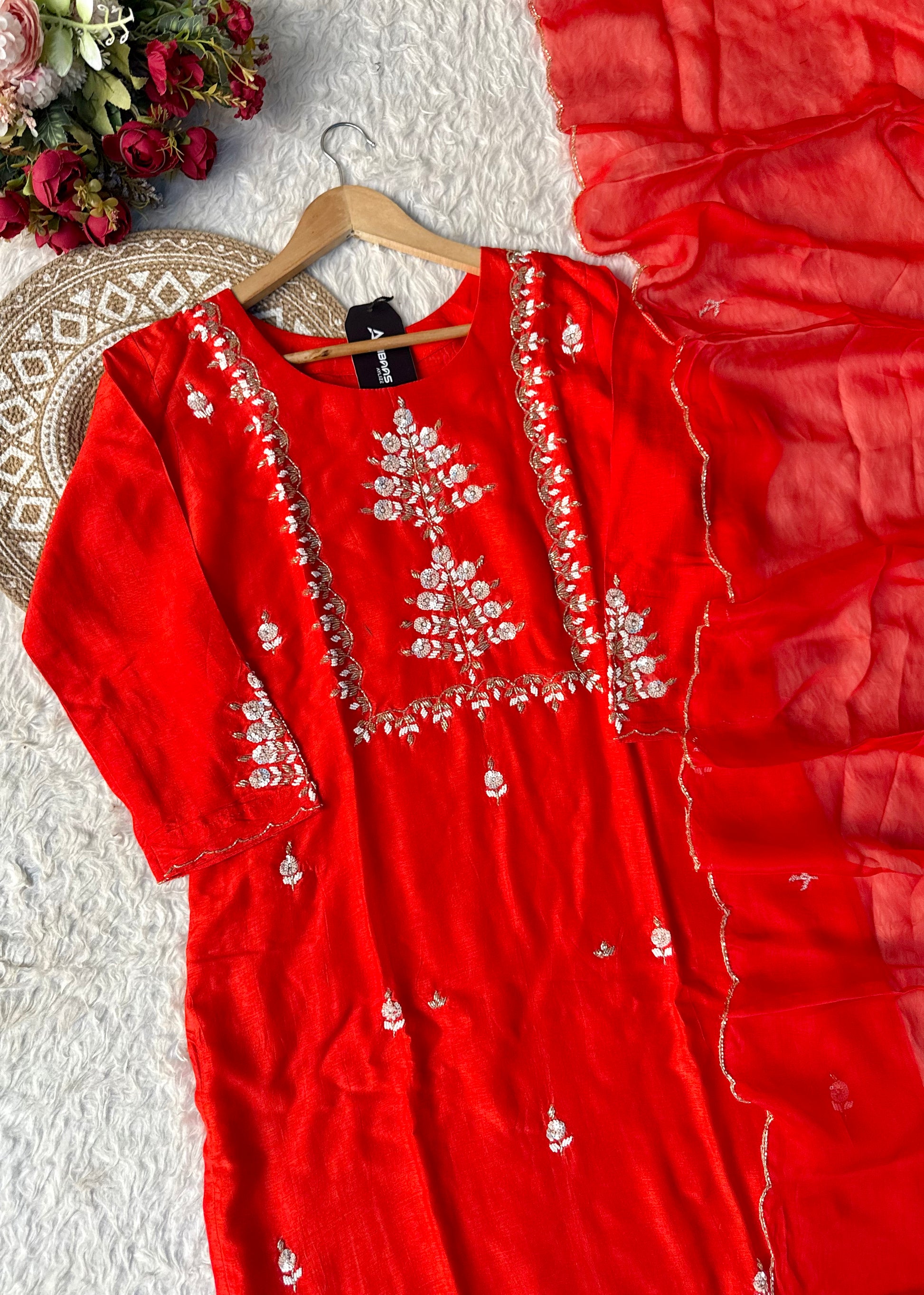 “Orange” Partywear Orange heavy handwork Dola Silk Kurta Set