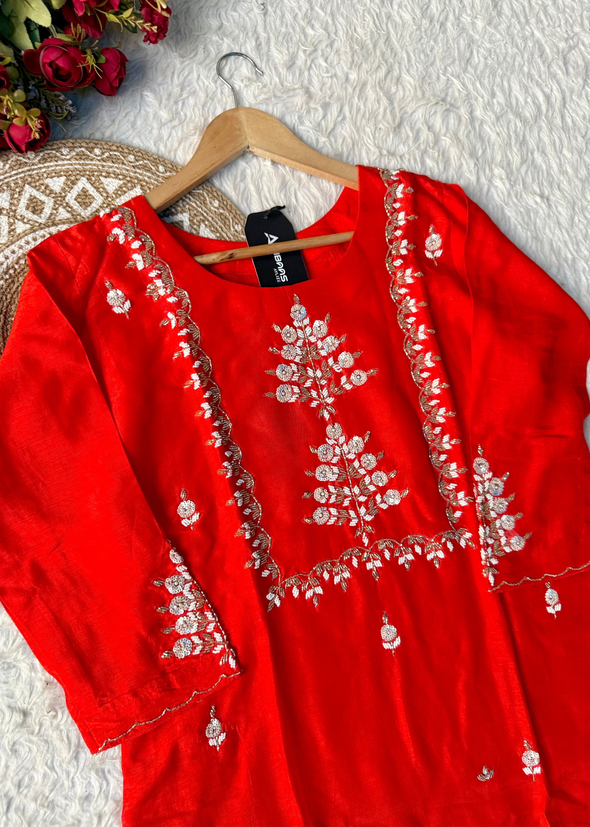 “Orange” Partywear Orange heavy handwork Dola Silk Kurta Set