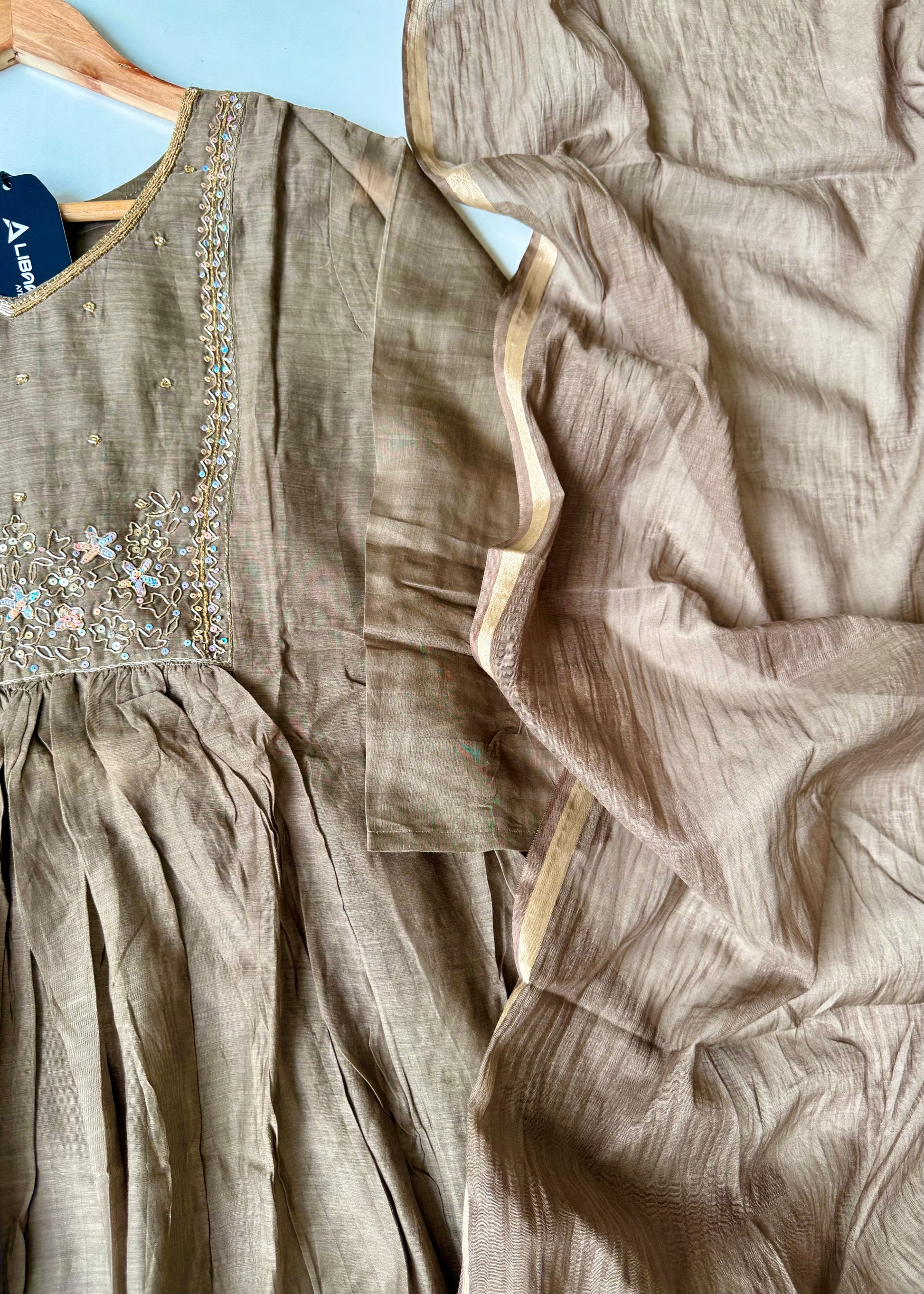 “Eiryan” Olive Brown Mul Chanderi Handwork Anarkali suit set