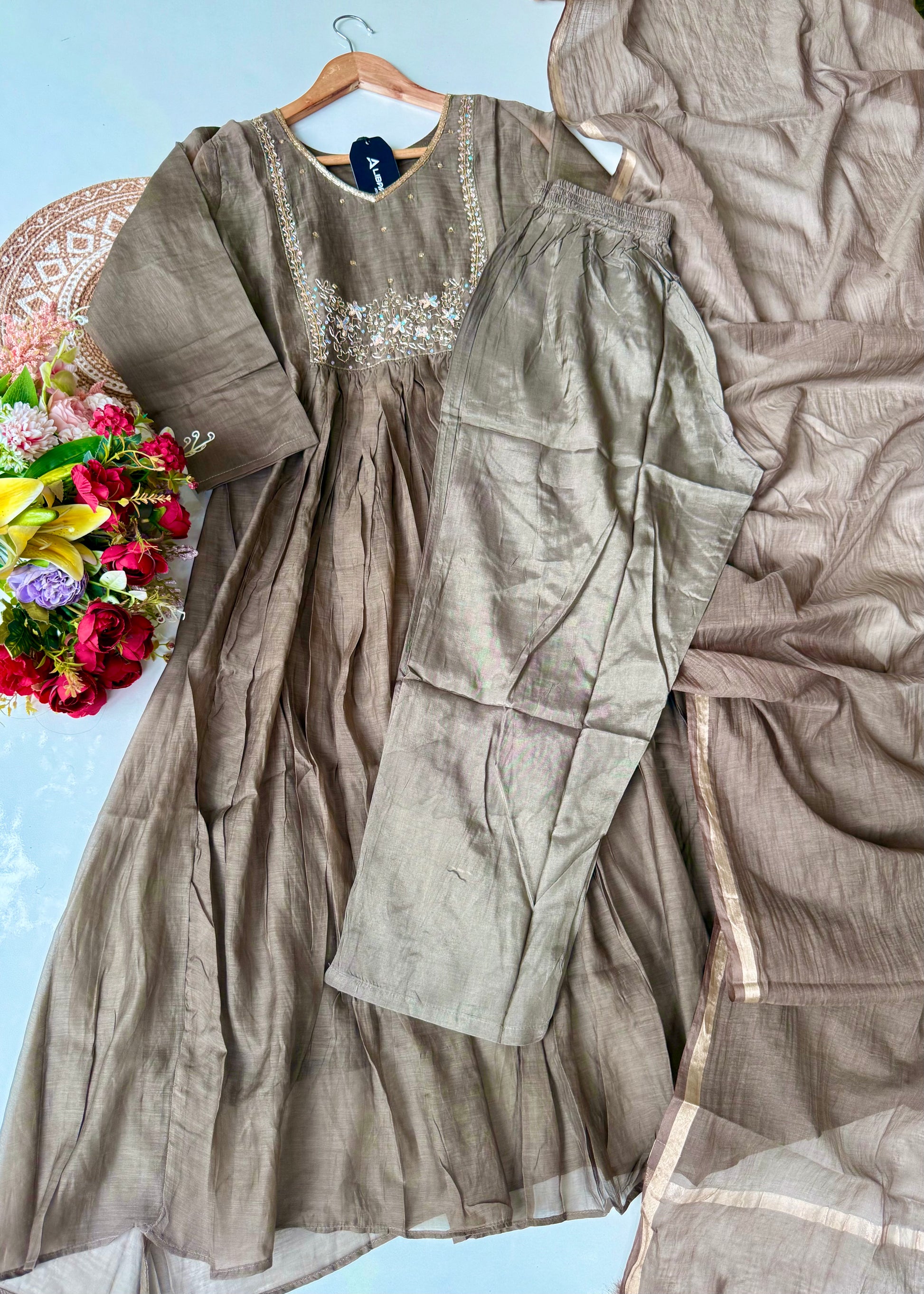 “Eiryan” Olive Brown Mul Chanderi Handwork Anarkali suit set